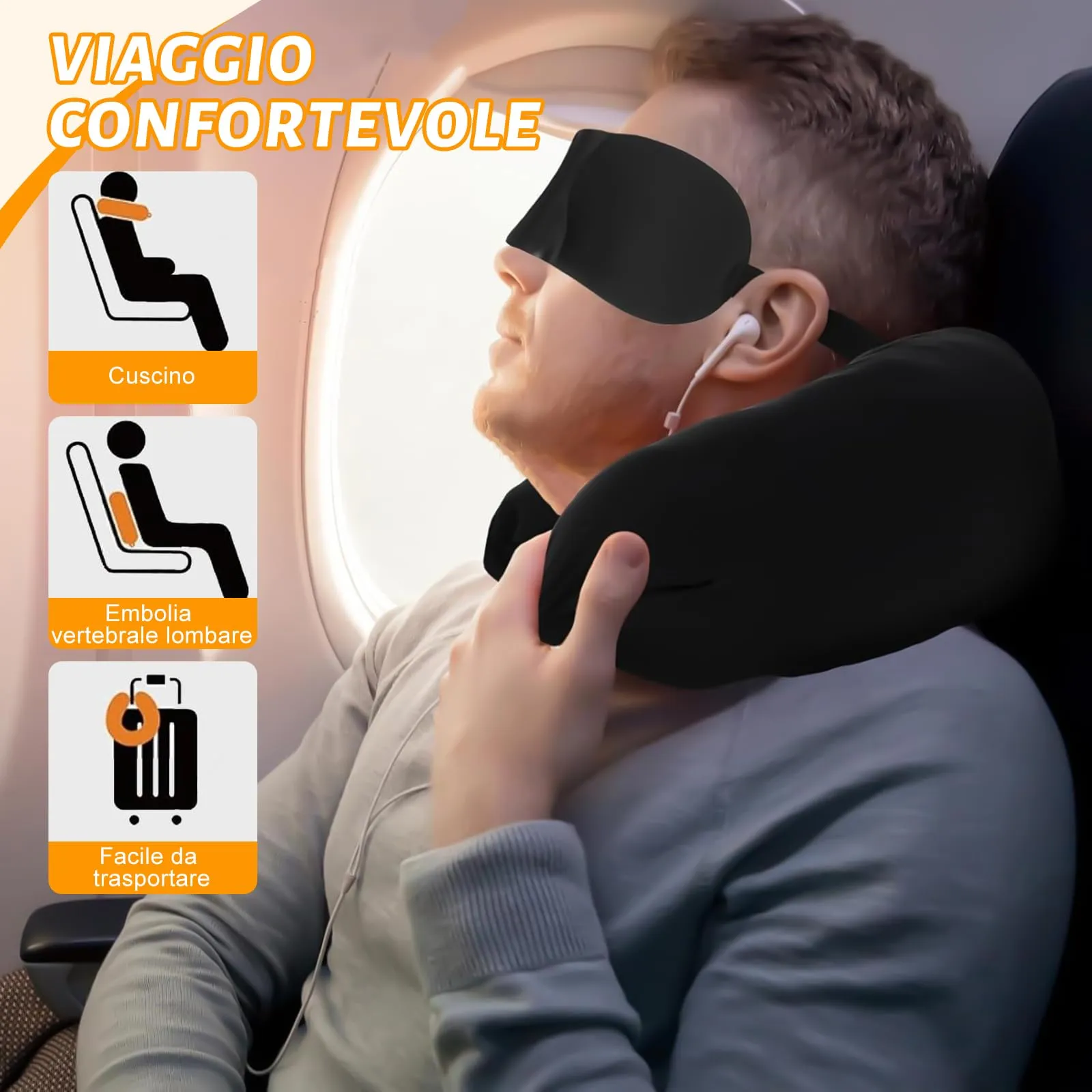 KufaerBeam Cuscino da Viaggio Riempibile a Forma di U con Benda e Cinturini Regolabili, Nero - immagine 6