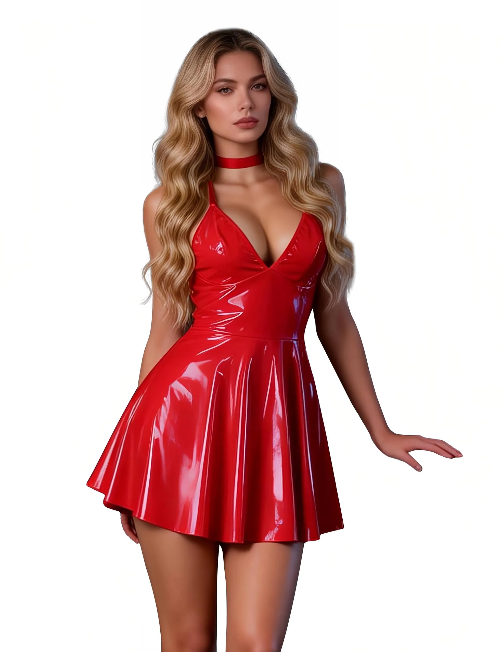 sunshinelady Abito Corto in PU per Donna Curvy con Collare, Rosso, XXL - immagine 1