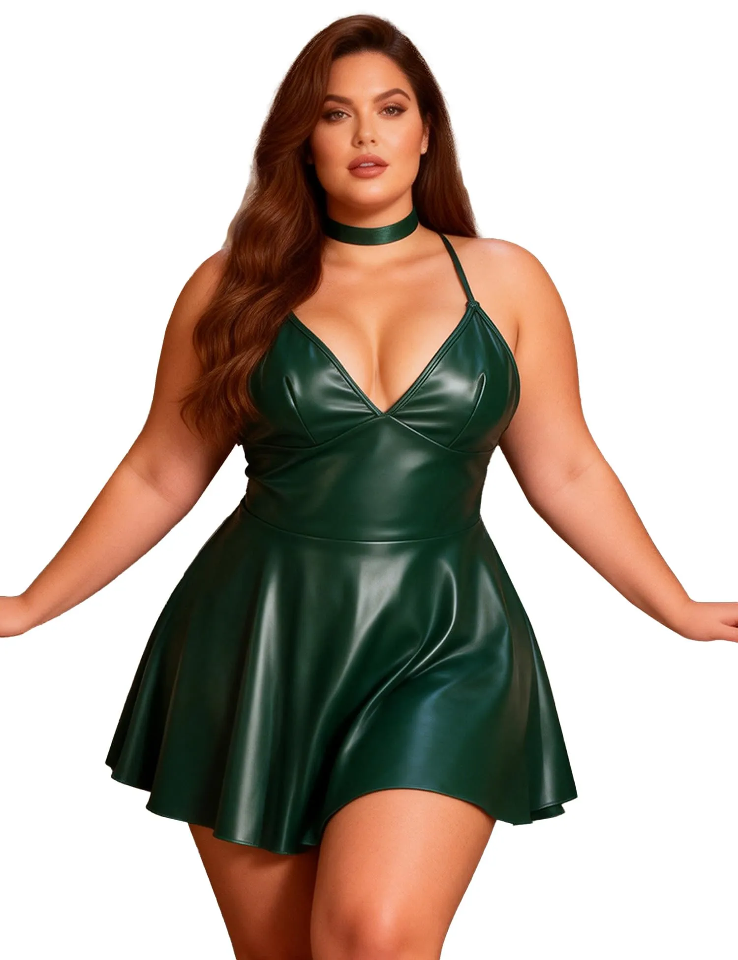 sunshinelady Abito Corto in PU per Donna Curvy con Collare e Scollo V, Verde Opaco, XL - immagine 1