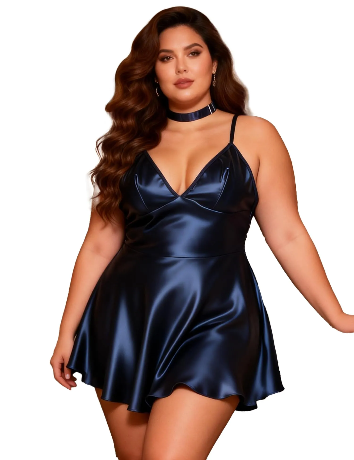 sunshinelady Abito Corto in PU per Donna Curvy con Collare e Scollo a V, Blu Opaco, M - immagine 1