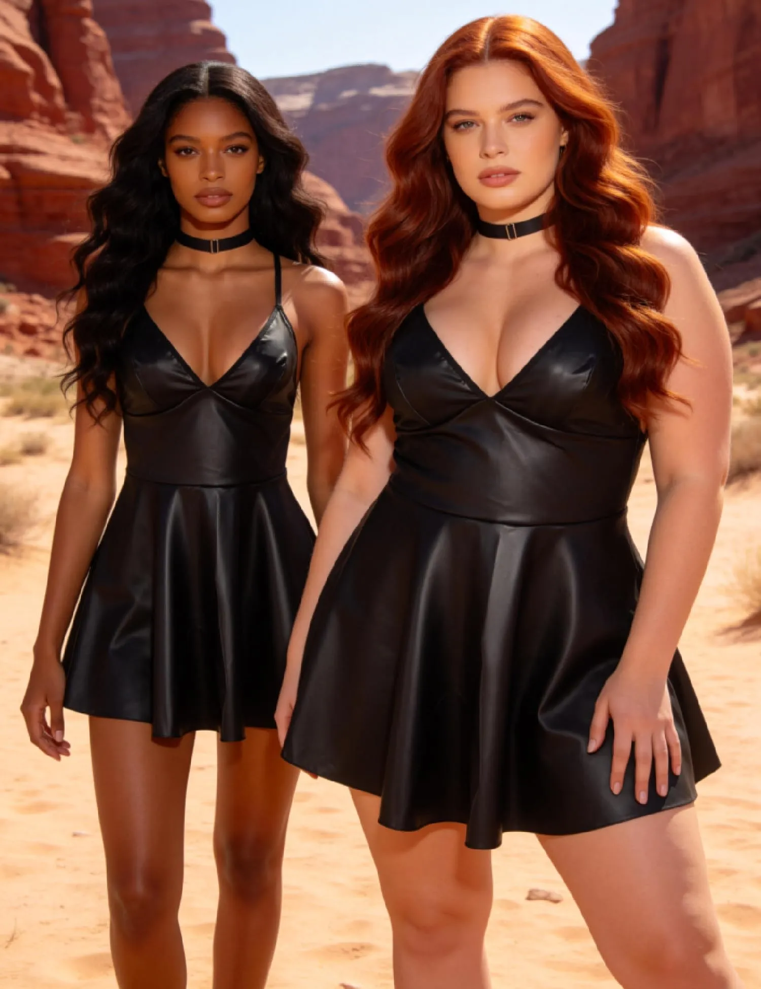 sunshinelady Abito Corto in PU per Donna Curvy con Collare e Scollo V, Nero Opaco, XXL - immagine 3