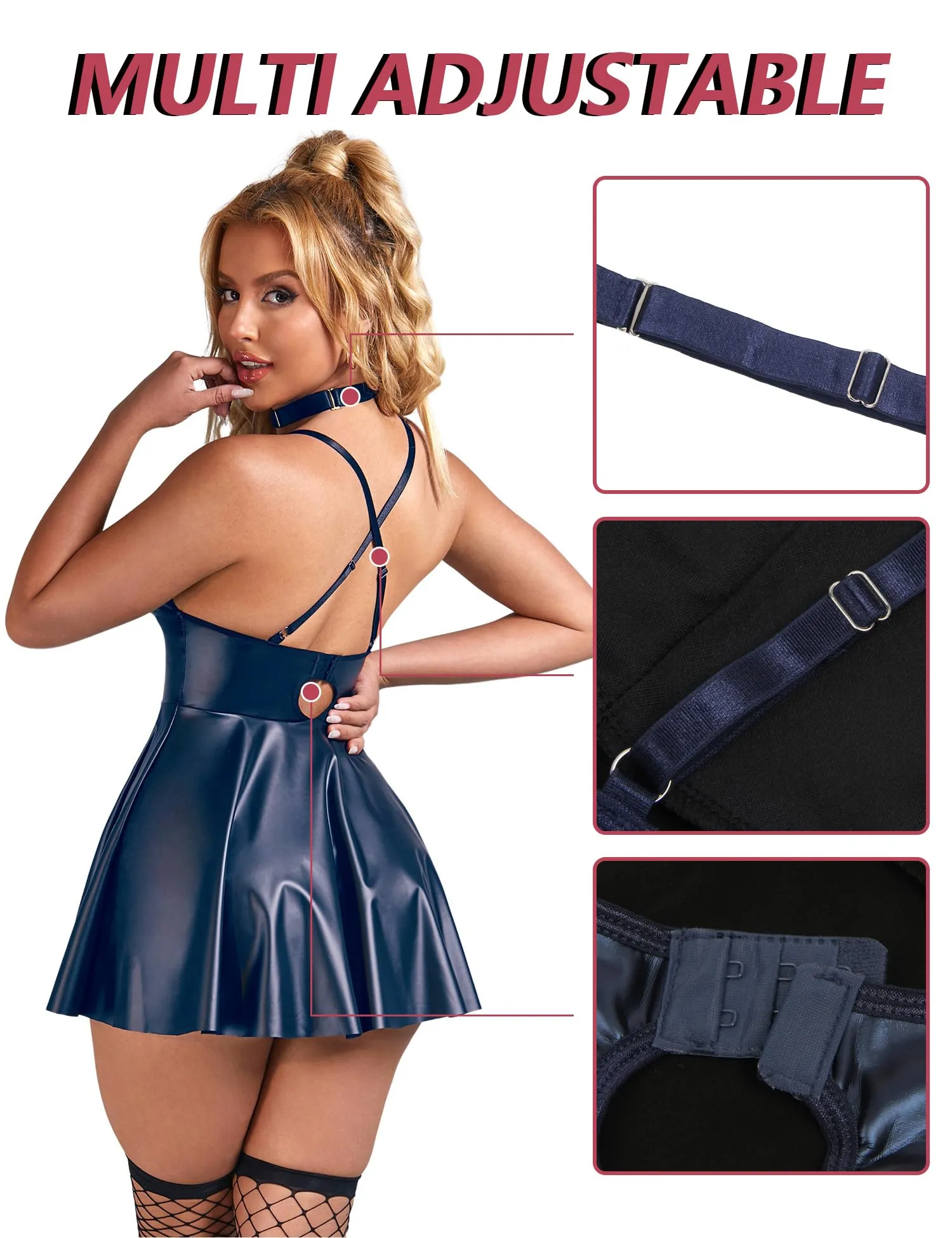 sunshinelady Abito Corto in PU per Donna Curvy con Collare e Scollo a V, Blu Opaco, S - immagine 5