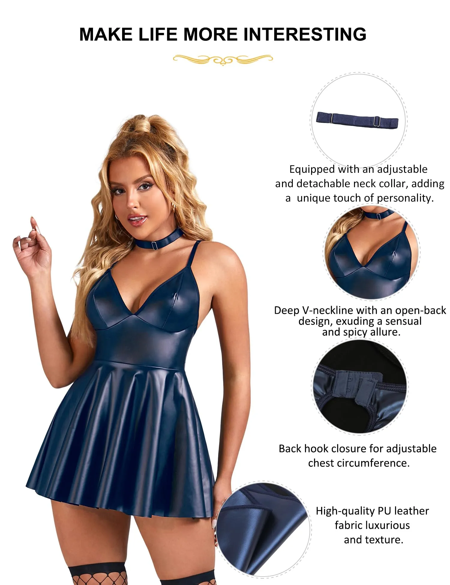 sunshinelady Abito Corto in PU per Donna Curvy con Collare e Scollo a V, Blu Opaco, S - immagine 6