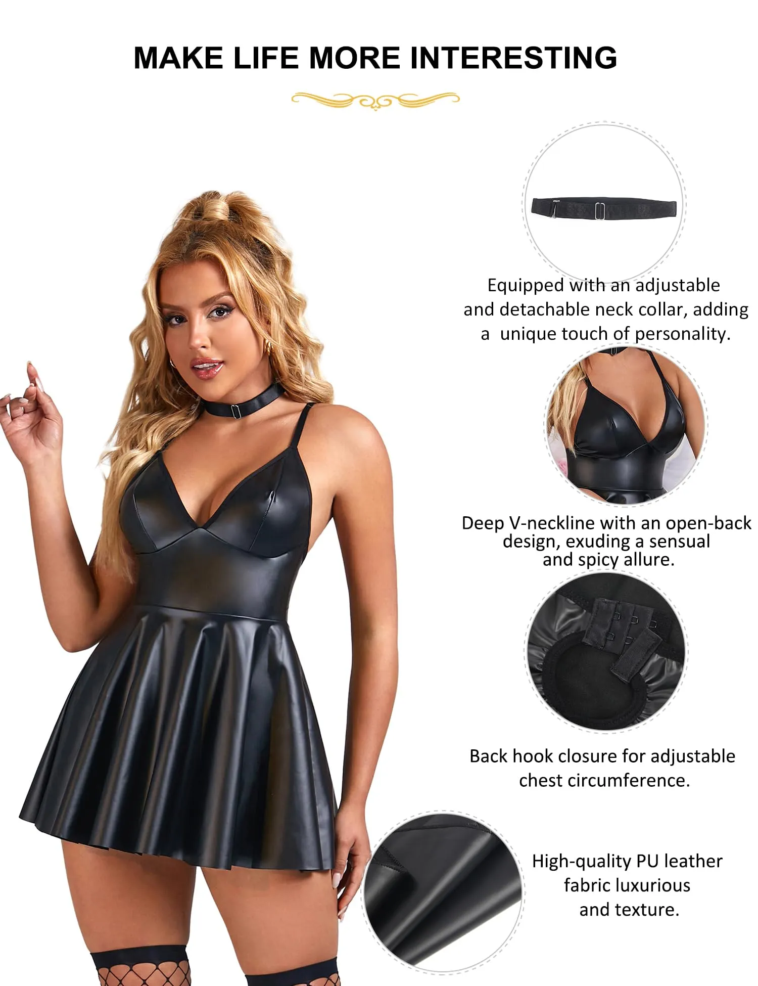 sunshinelady Abito Corto in PU per Donna Curvy con Collare, Scollo V, Nero Opaco, 3XL - immagine 6