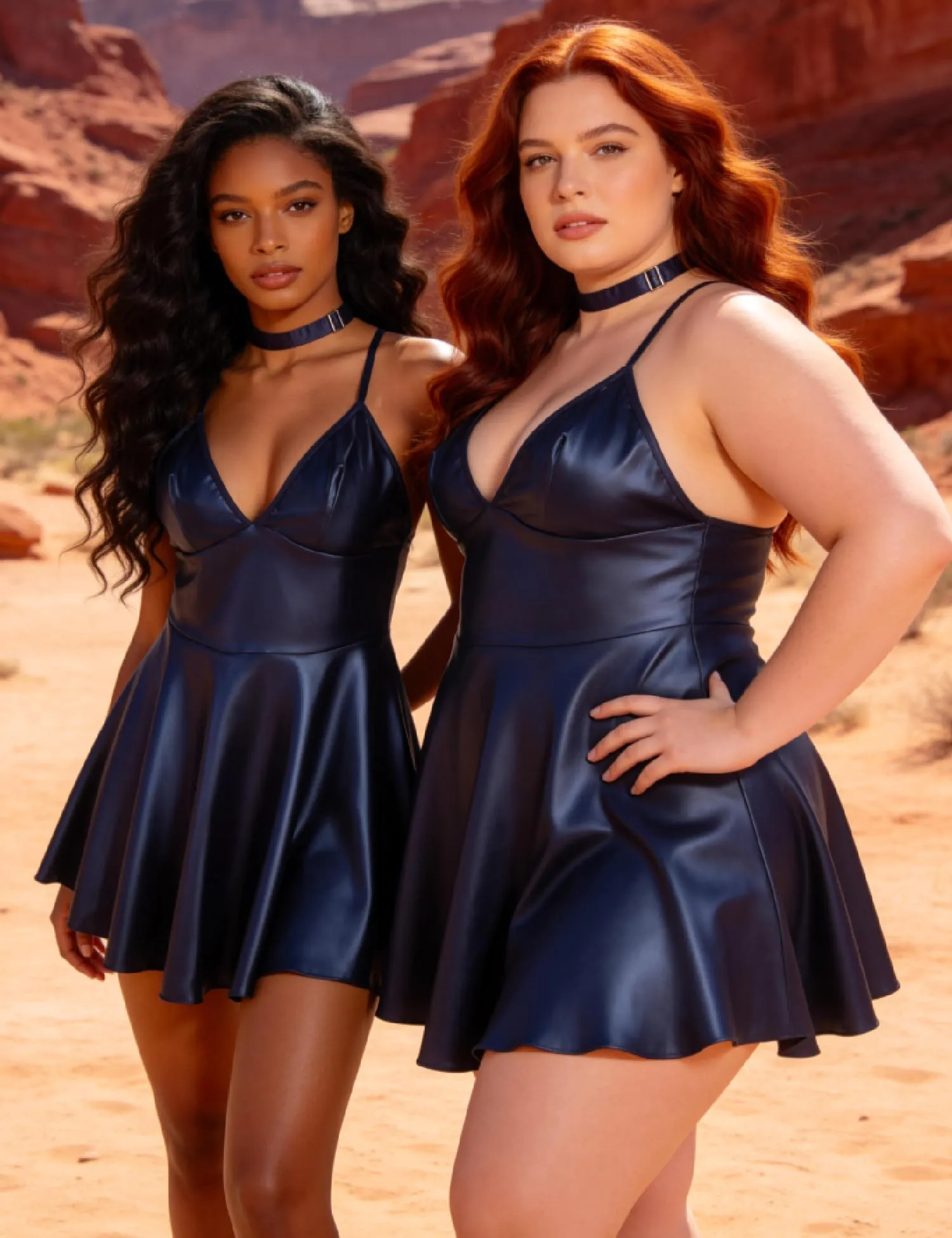 sunshinelady Abito Corto in PU per Donna Curvy con Collare e Scollo V, Blu Opaco, L - immagine 3
