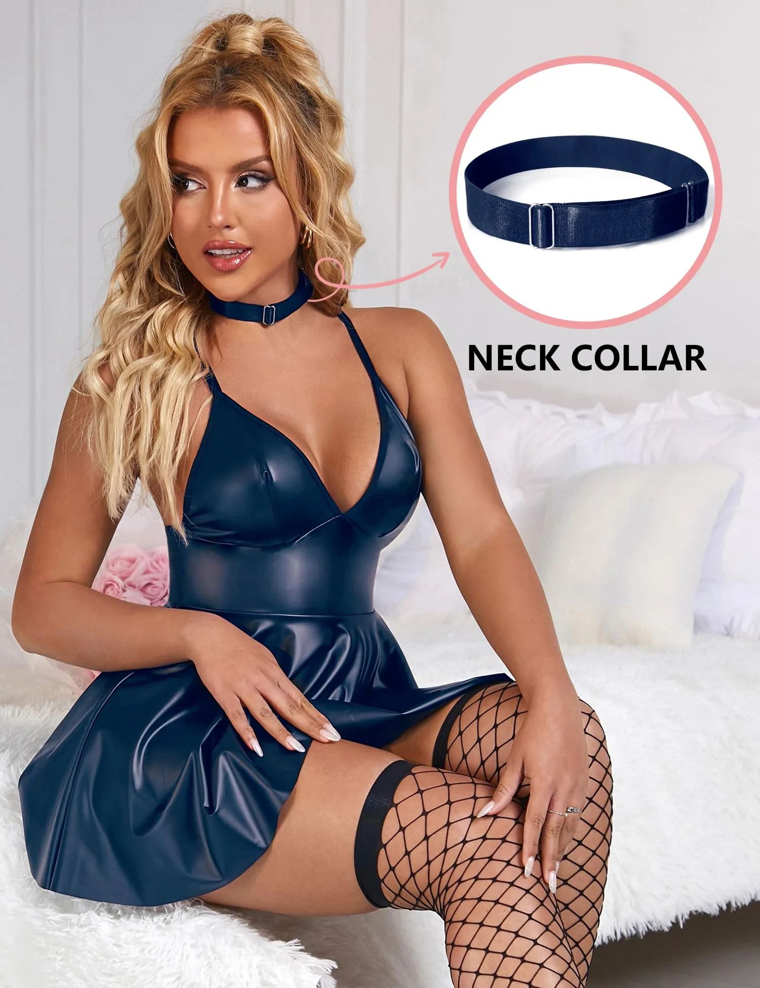 sunshinelady Abito Corto in PU per Donna Curvy con Collare e Scollo V, Blu Opaco, L - immagine 4