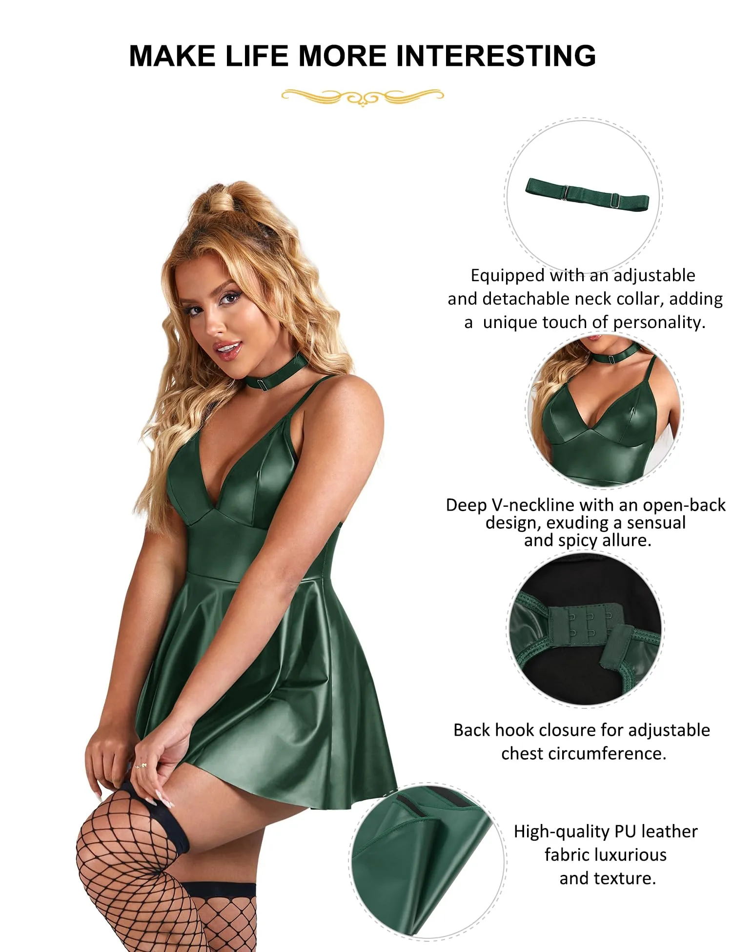 sunshinelady Abito Corto in PU con Collare e Scollo V Verde Opaco S - immagine 5