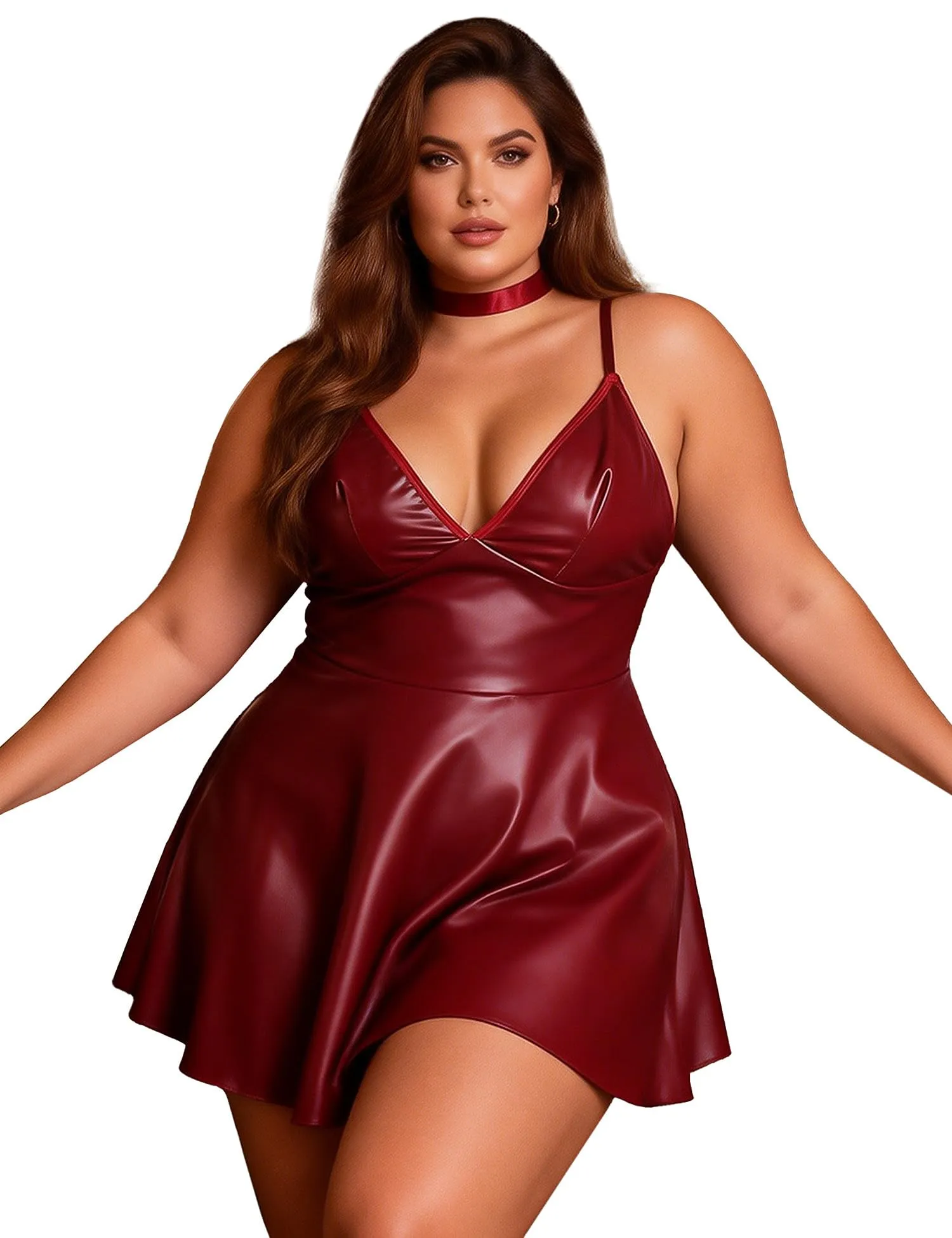 sunshinelady Abito Corto in PU per Donna Curvy con Collare, Scollo V, Rosso Opaco, 3XL - immagine 1