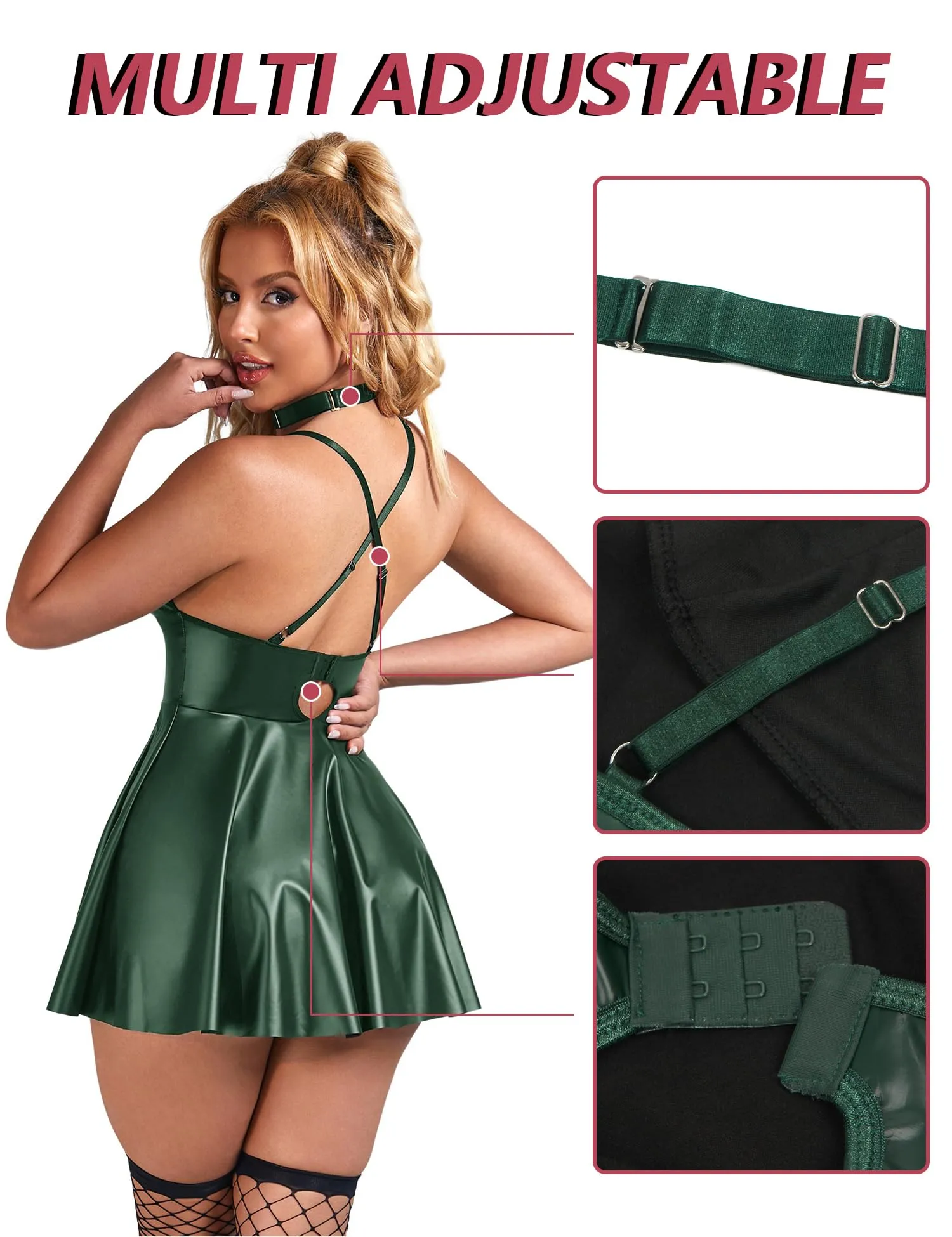 sunshinelady Abito Corto in PU per Donna Curvy con Collare e Scollo V, Verde Opaco, 3XL - immagine 4