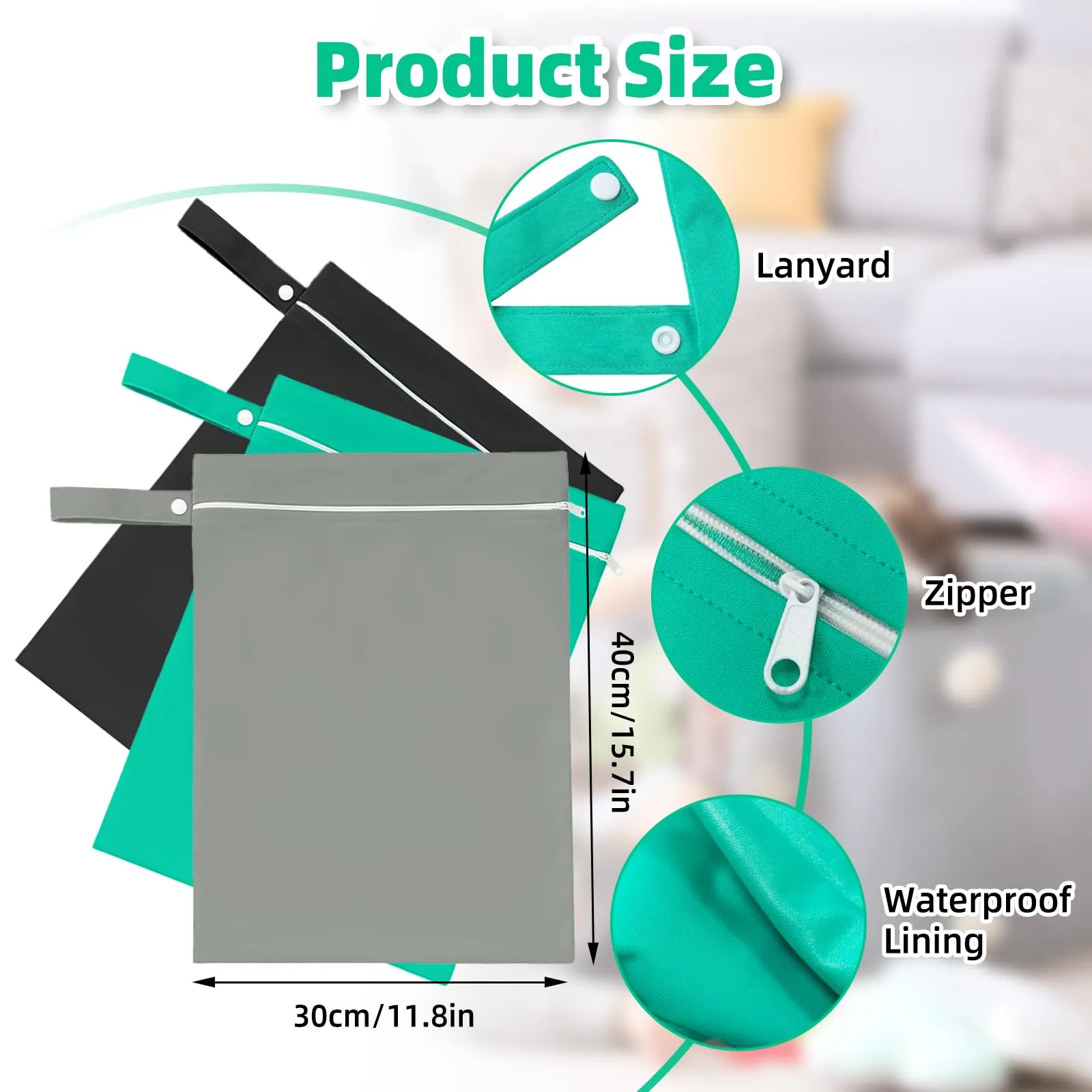 Rwbimti Set di 3 Borse Impermeabili Wet Bag per Costumi da Bagno e Asciugamani, 40 x 30 cm, Grigio, Verde, Nero - immagine 2