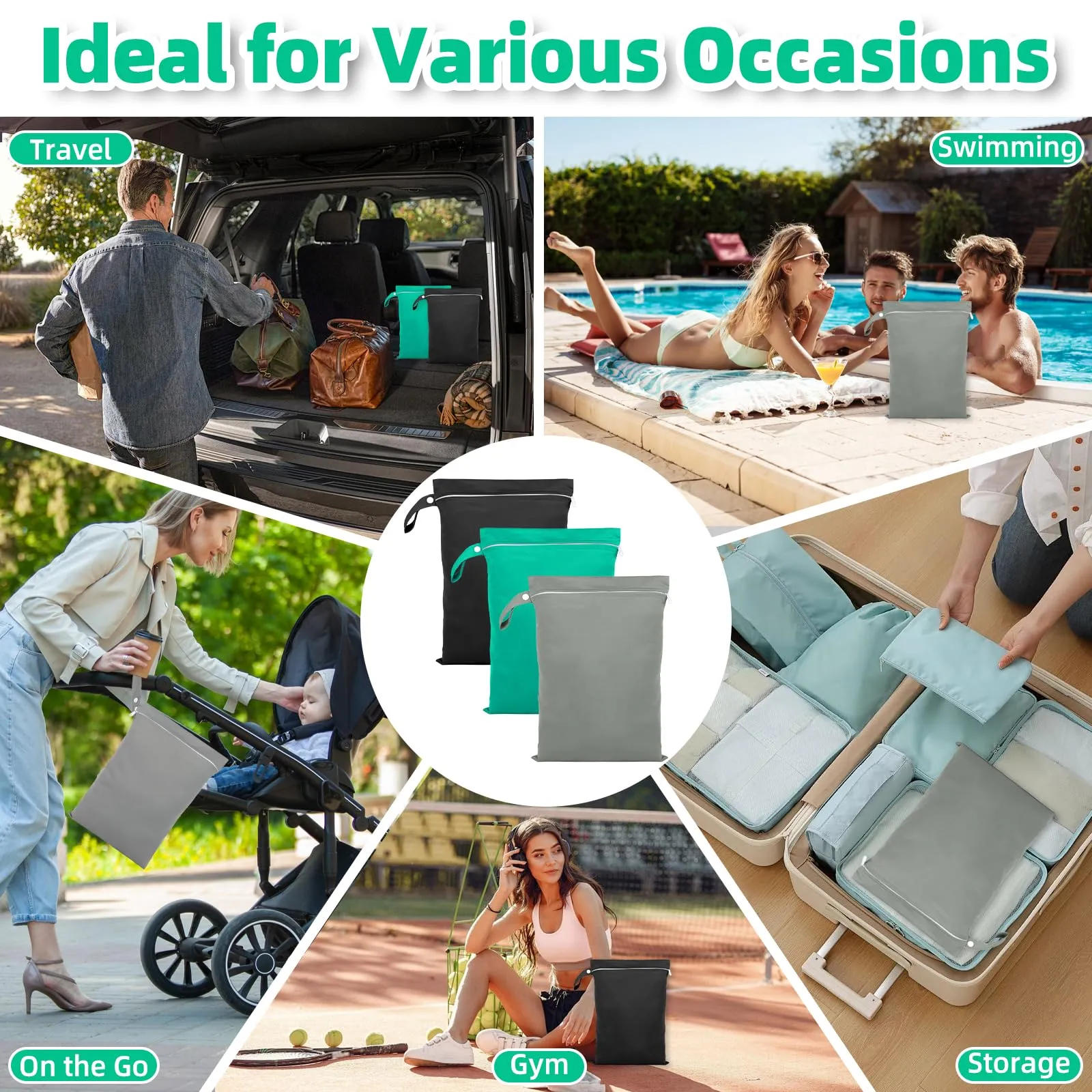 Rwbimti Set di 3 Borse Impermeabili Wet Bag per Costumi da Bagno e Asciugamani, 40 x 30 cm, Grigio, Verde, Nero - immagine 5