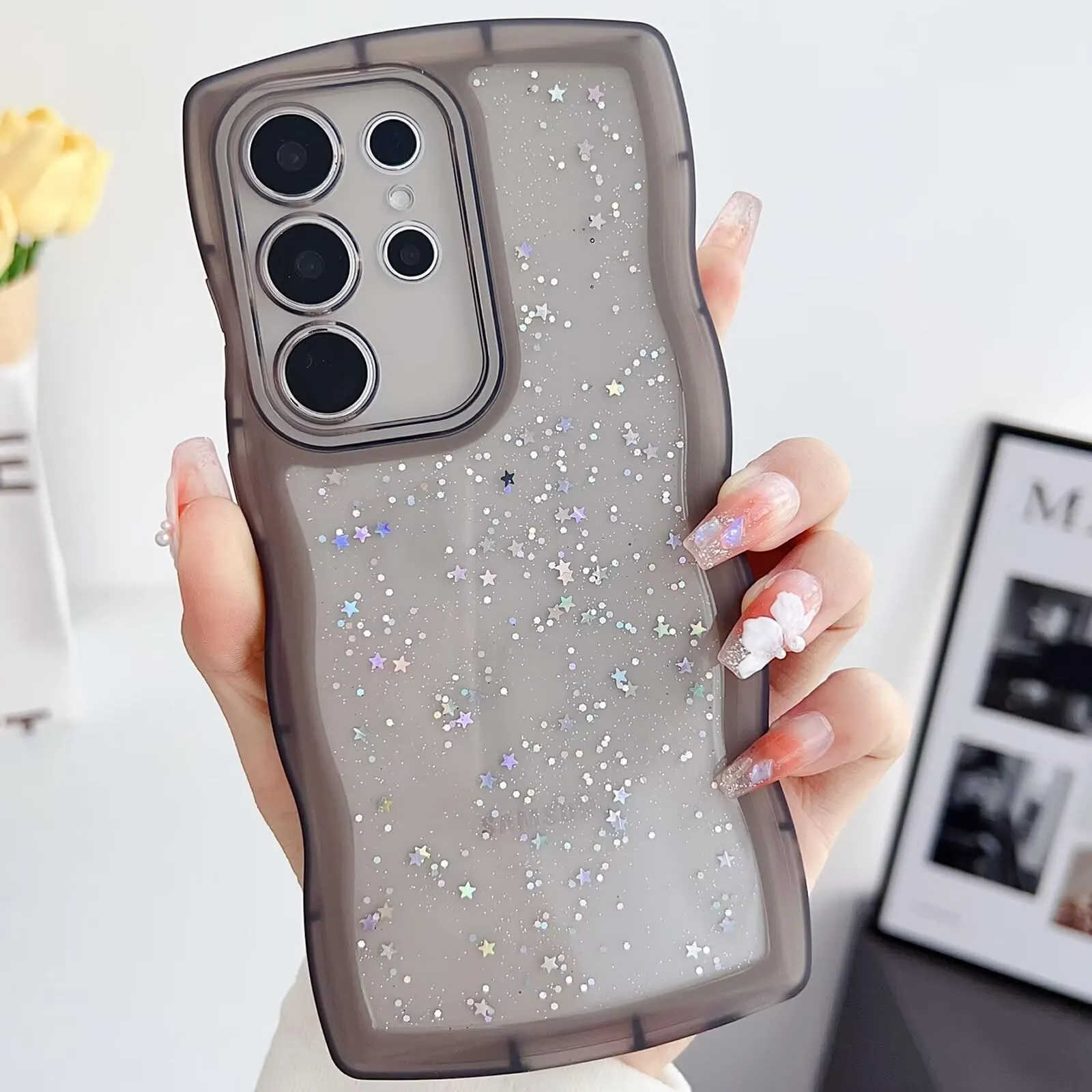 Tivenfezk Nadoli Bling Cover for Samsung Galaxy S24 Ultra, Curly Wave Transparent Glitter Star Soft TPU Protective Case - immagine 1