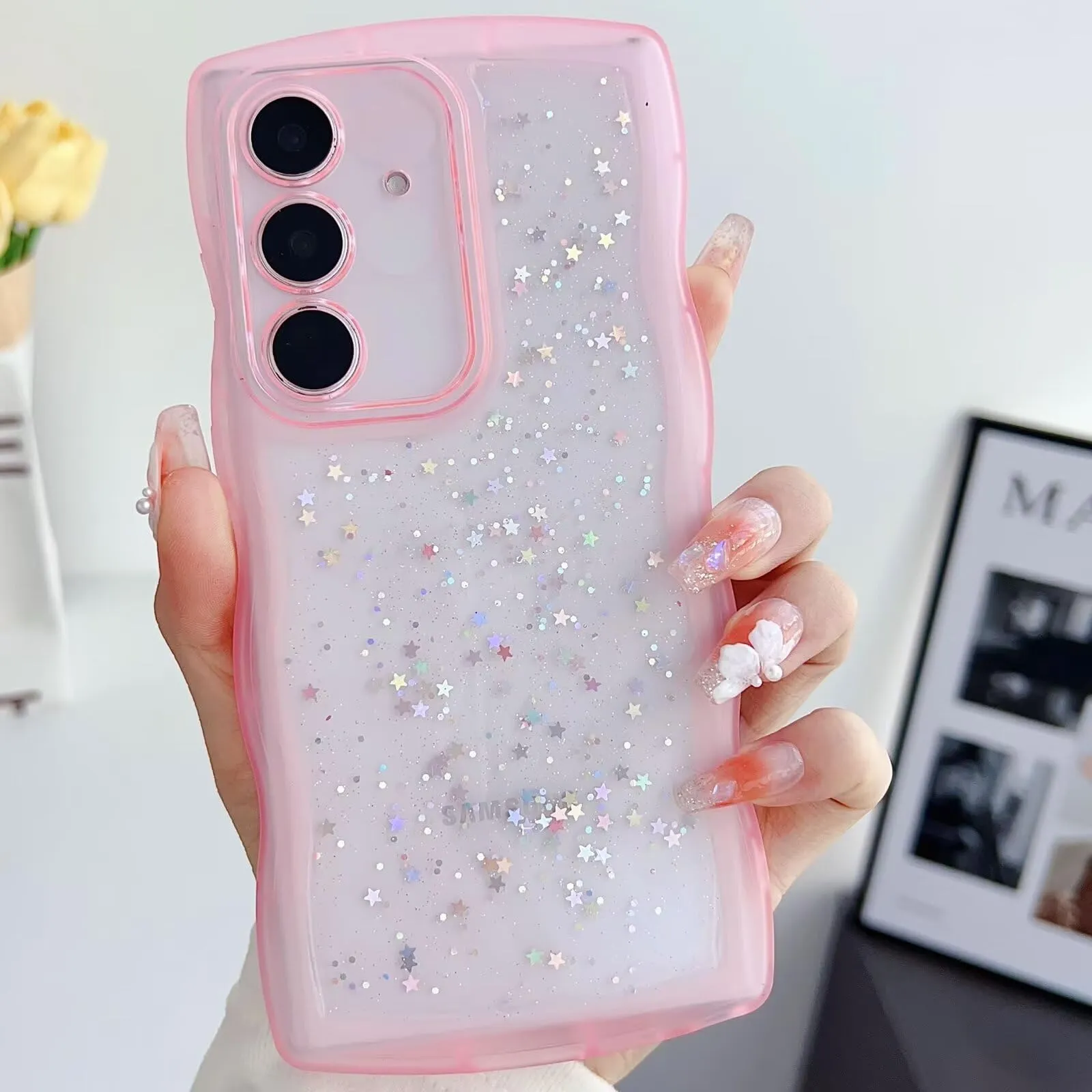 Tivenfezk Nadoli Bling Curly Wave Clear Glitter Star Soft TPU Protective Case for Samsung Galaxy A22 5G, Pink - immagine 1
