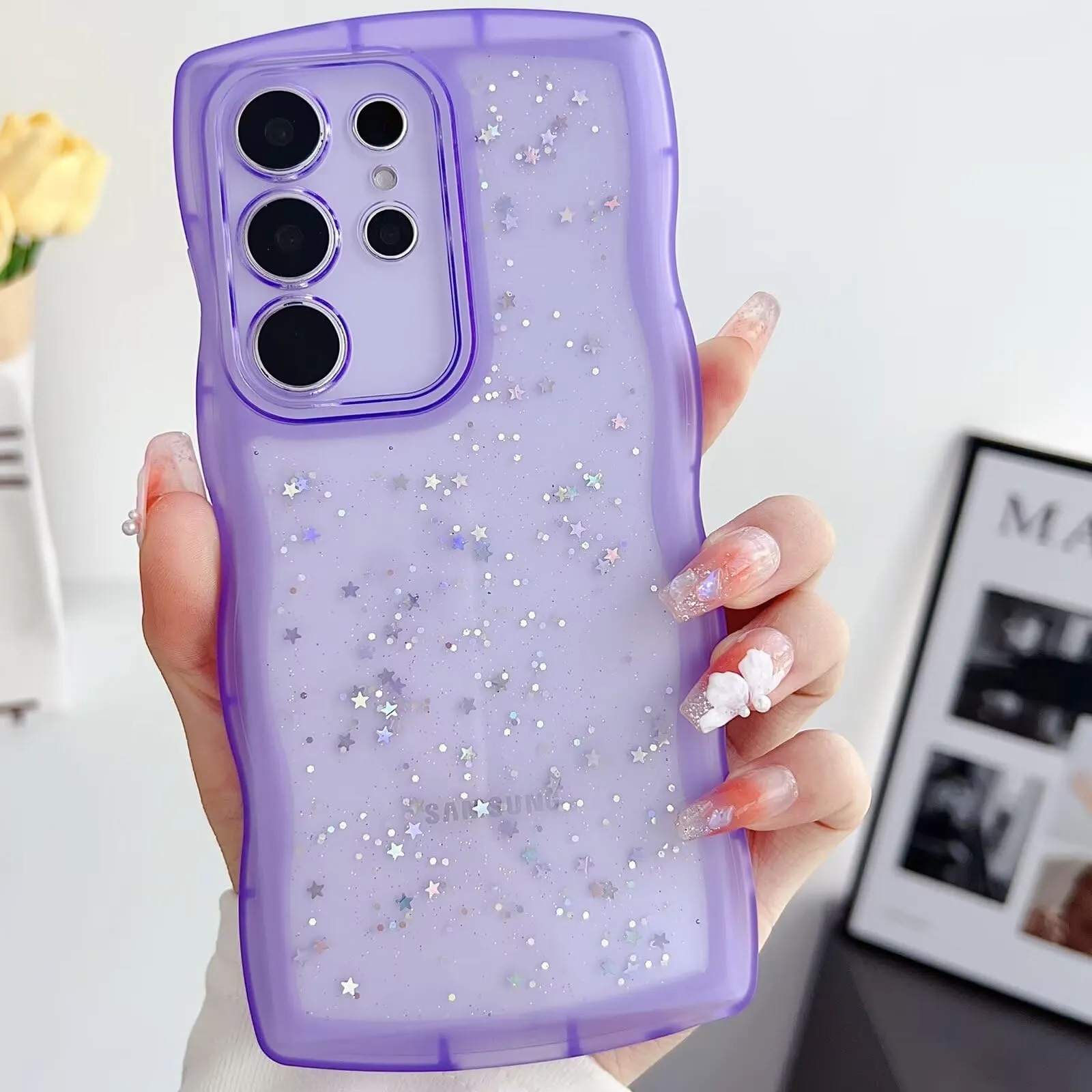 Tivenfezk Nadoli Bling Cover for Samsung Galaxy S23 Ultra, Curly Wave Transparent Glitter Star Soft TPU Protective Case, Purple - immagine 1