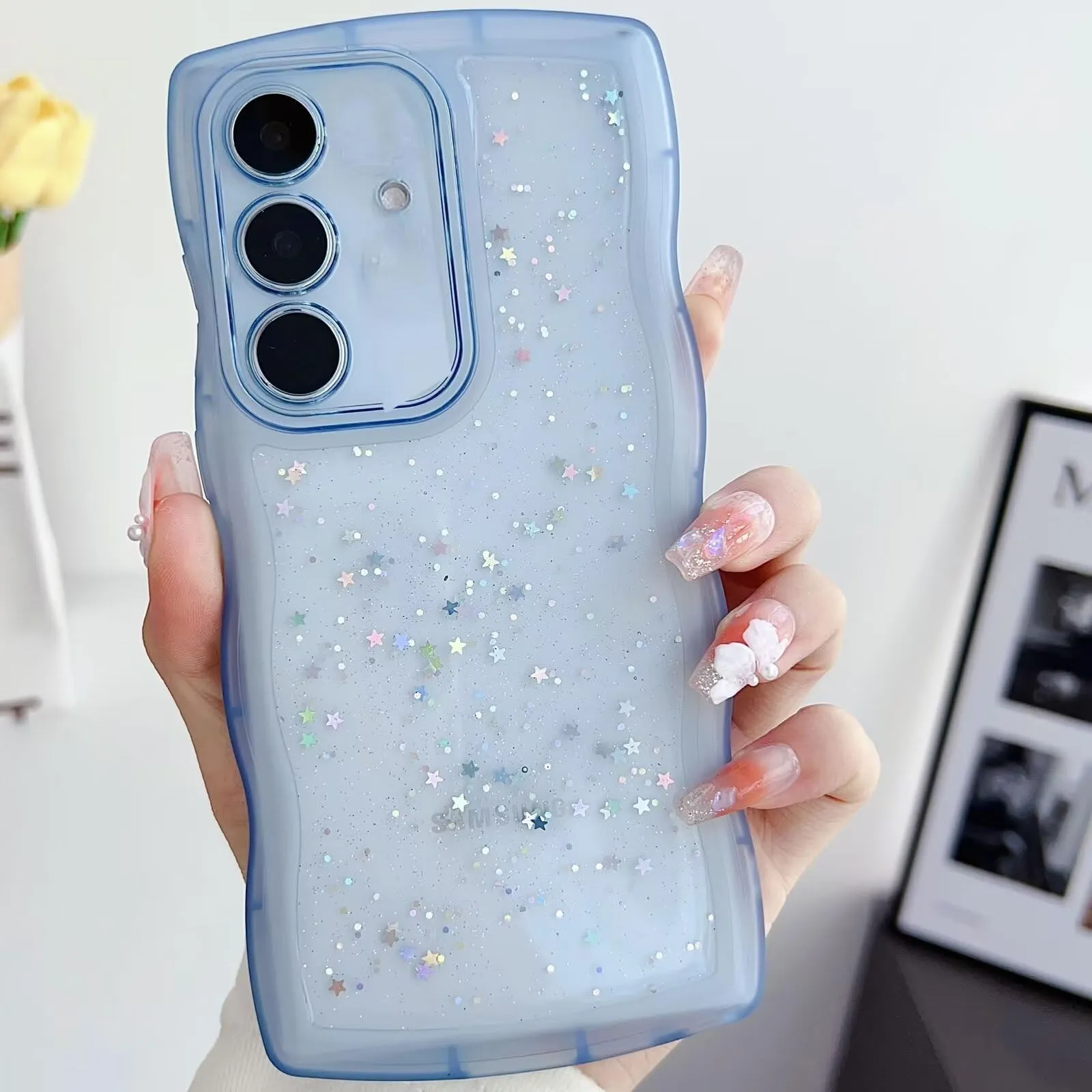 Tivenfezk Bling Curly Wave Transparent Case for Samsung Galaxy A55 5G, Star Glitter Soft TPU Protective Cover, Blue - immagine 1