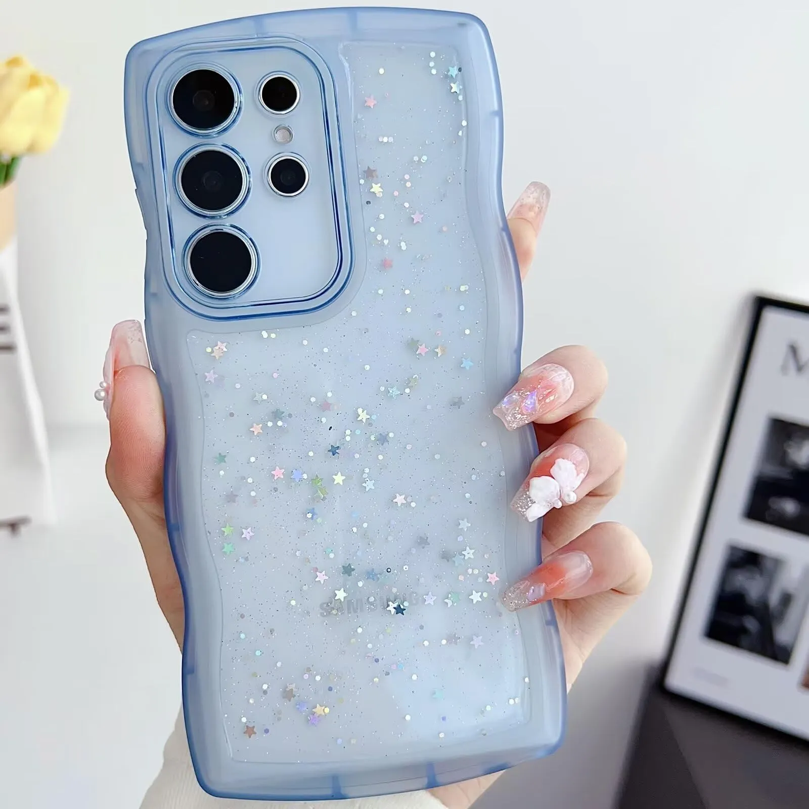 Tivenfezk Nadoli Bling Curly Wave Clear Glitter Star Case for Samsung Galaxy S23 Ultra, Soft TPU Protective Cover, Blue - immagine 1