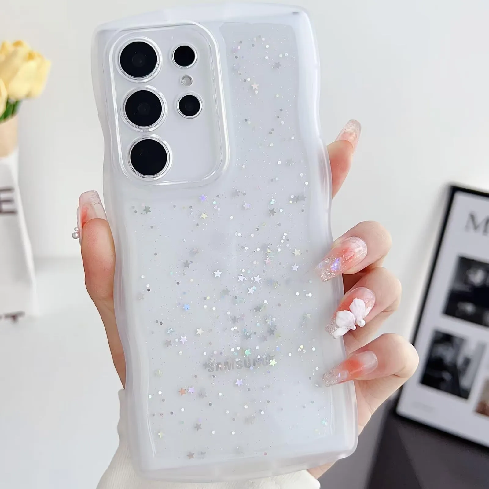 Tivenfezk Nadoli Bling Cover for Samsung Galaxy Note 20 Ultra, Transparent Curly Wave Glitter Star Soft TPU Protective Case, Clear - immagine 1