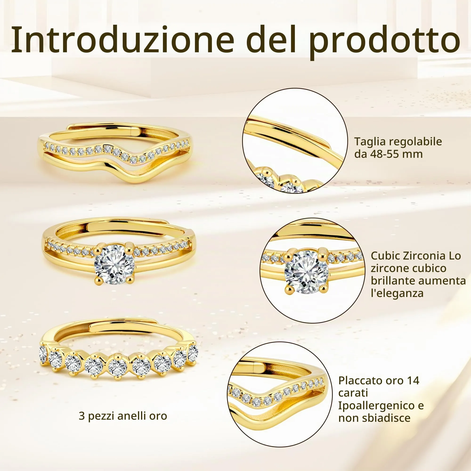 ALEXCRAFT Set Anelli Donna in Acciaio Placcato Oro Regolabili con Diamantino - immagine 7
