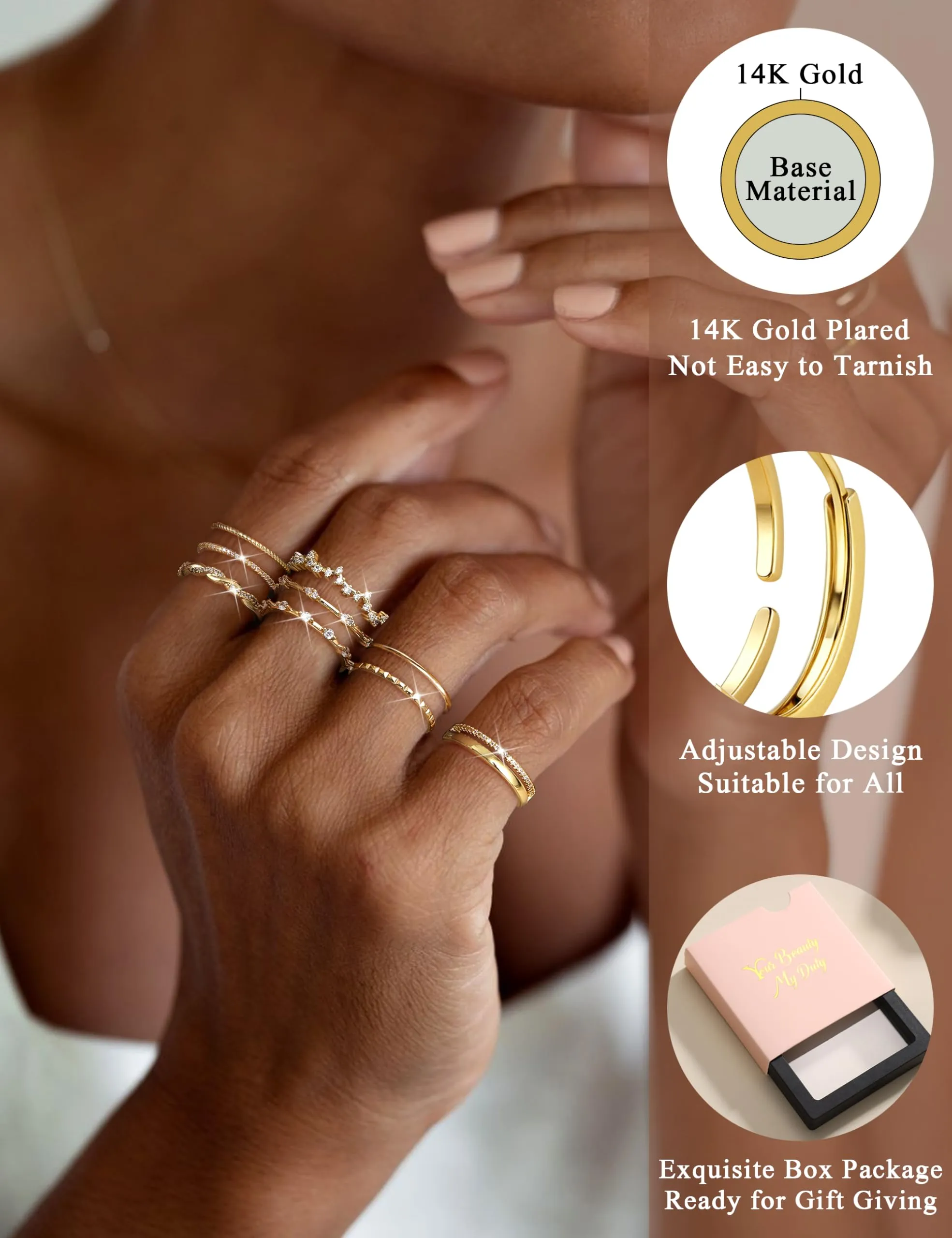LOLIAS Set di 9 Anelli Donna in Acciaio Inossidabile Placcato Oro 14K - immagine 4