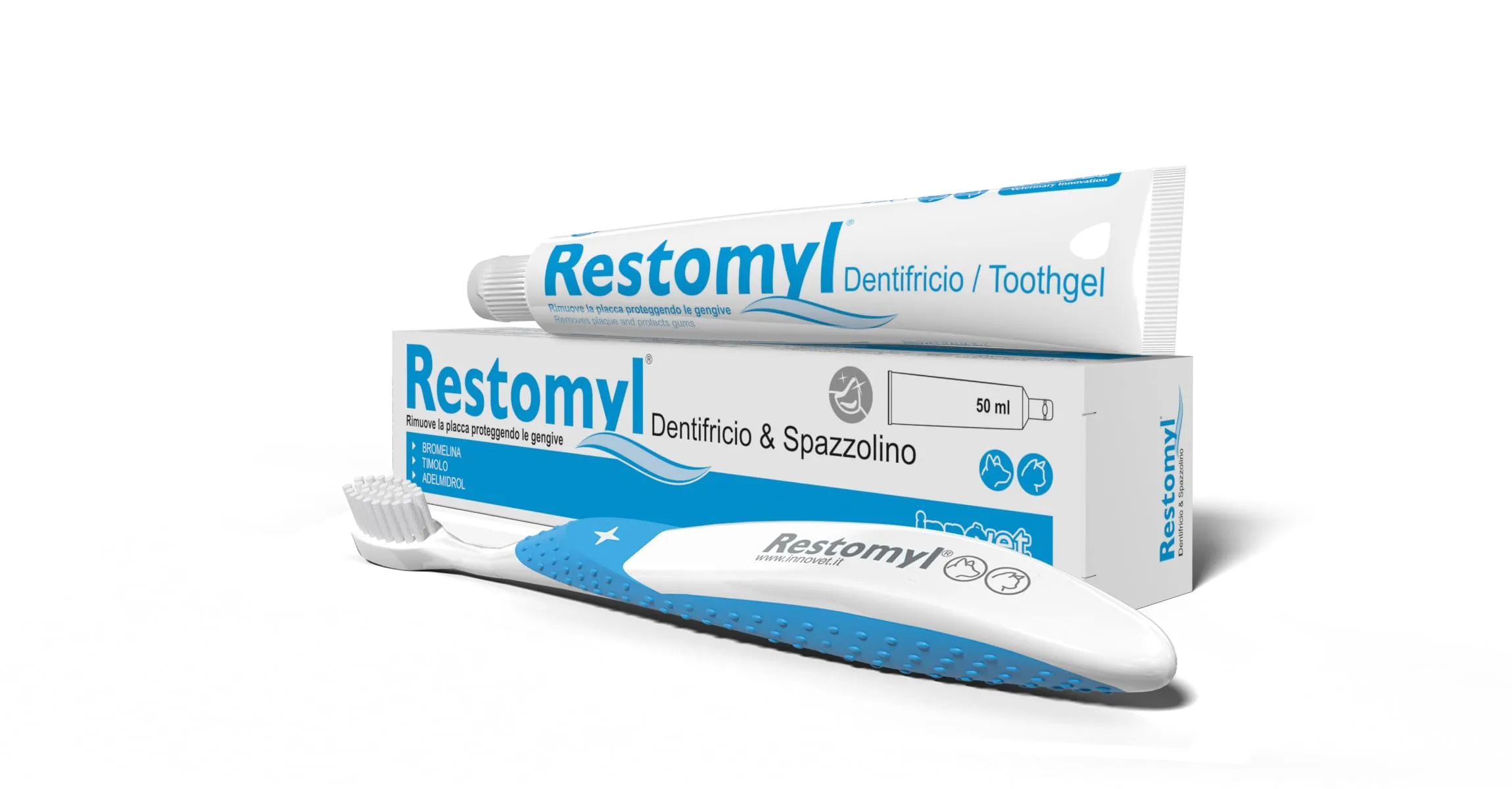 Innovet Restomyl Dentifricio per Cani e Gatti Antibatterico e Sbiancante con Spazzolino Extra Soft - immagine 1