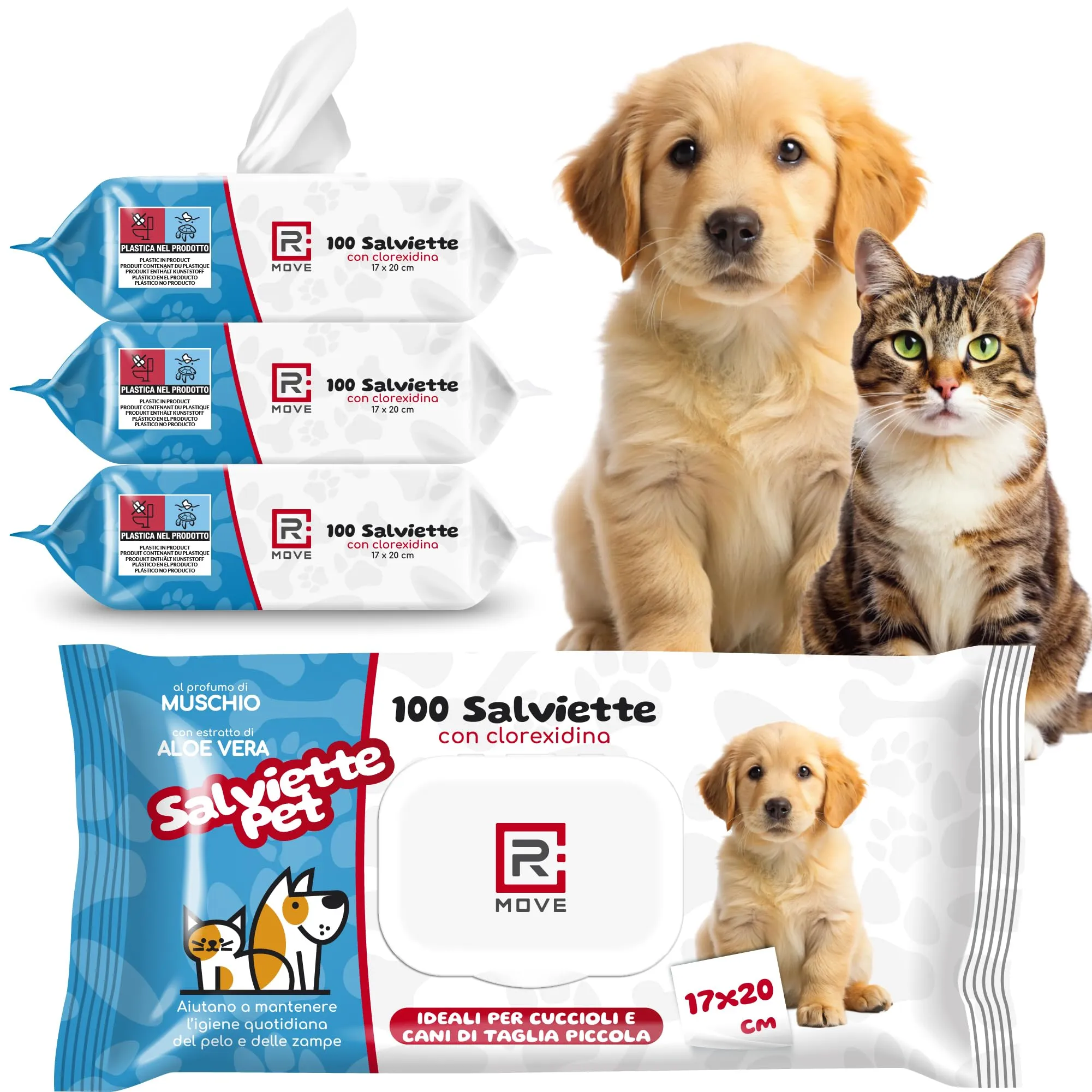 R MOVE 400 Salviette Igienizzanti per Cani e Gatti con Clorexidina e Aloe Vera, Fragranza Muschio, 17x20cm, 4 Confezioni da 100 salviette - immagine 1