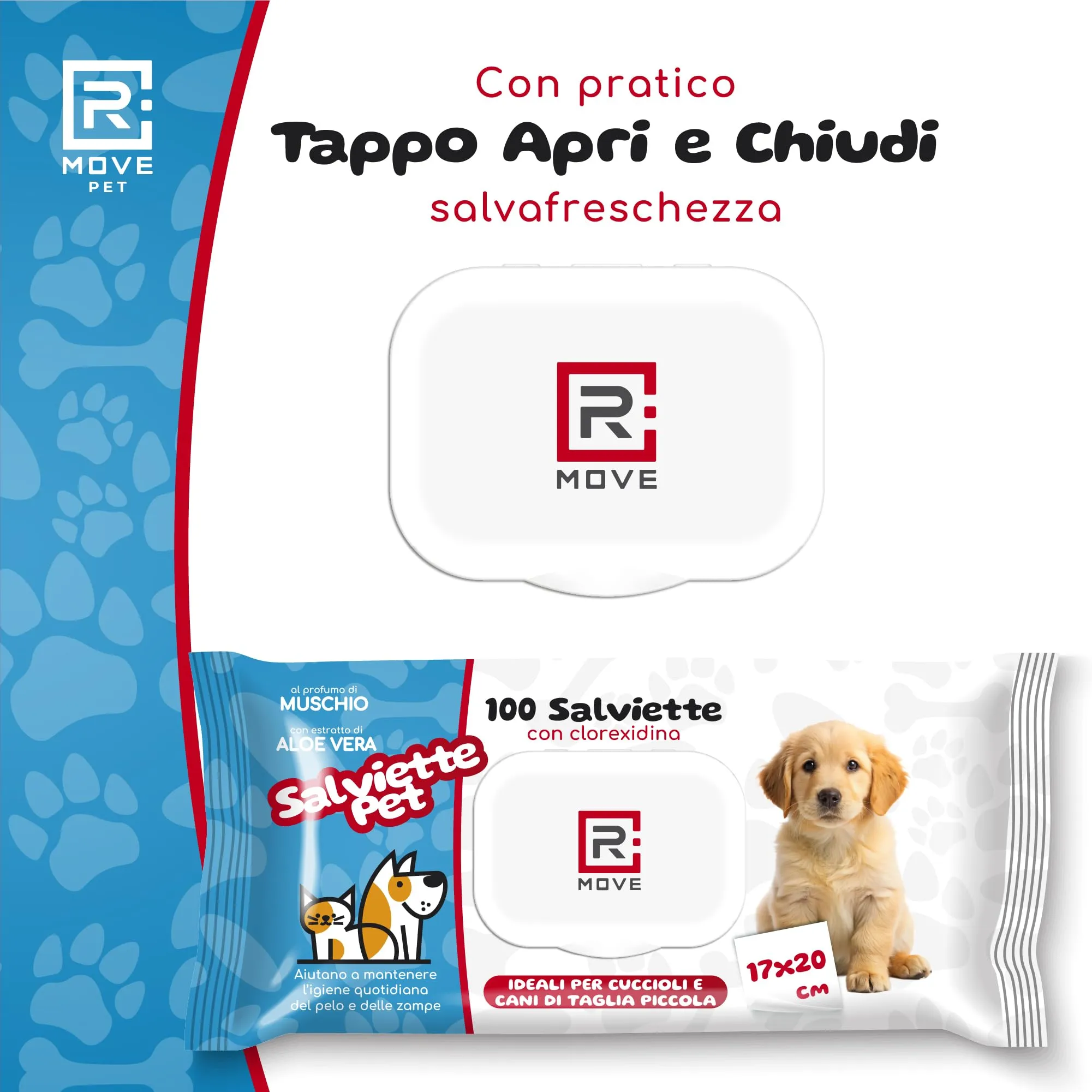 R MOVE 400 Salviette Igienizzanti per Cani e Gatti con Clorexidina e Aloe Vera, Fragranza Muschio, 17x20cm, 4 Confezioni da 100 salviette - immagine 4
