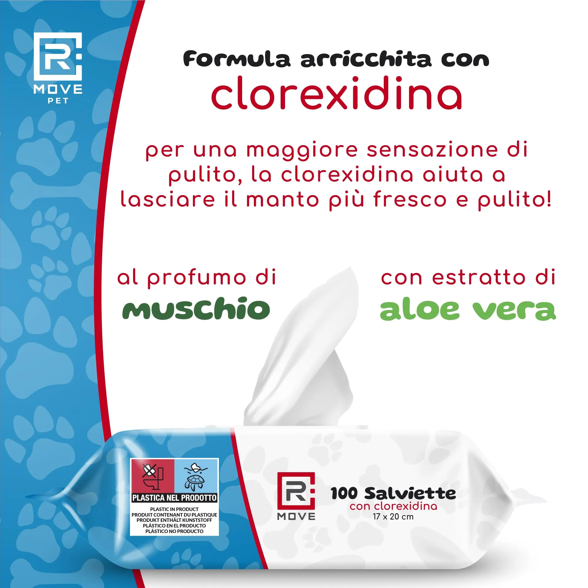 R MOVE 400 Salviette Igienizzanti per Cani e Gatti con Clorexidina e Aloe Vera, Fragranza Muschio, 17x20cm, 4 Confezioni da 100 salviette - immagine 5