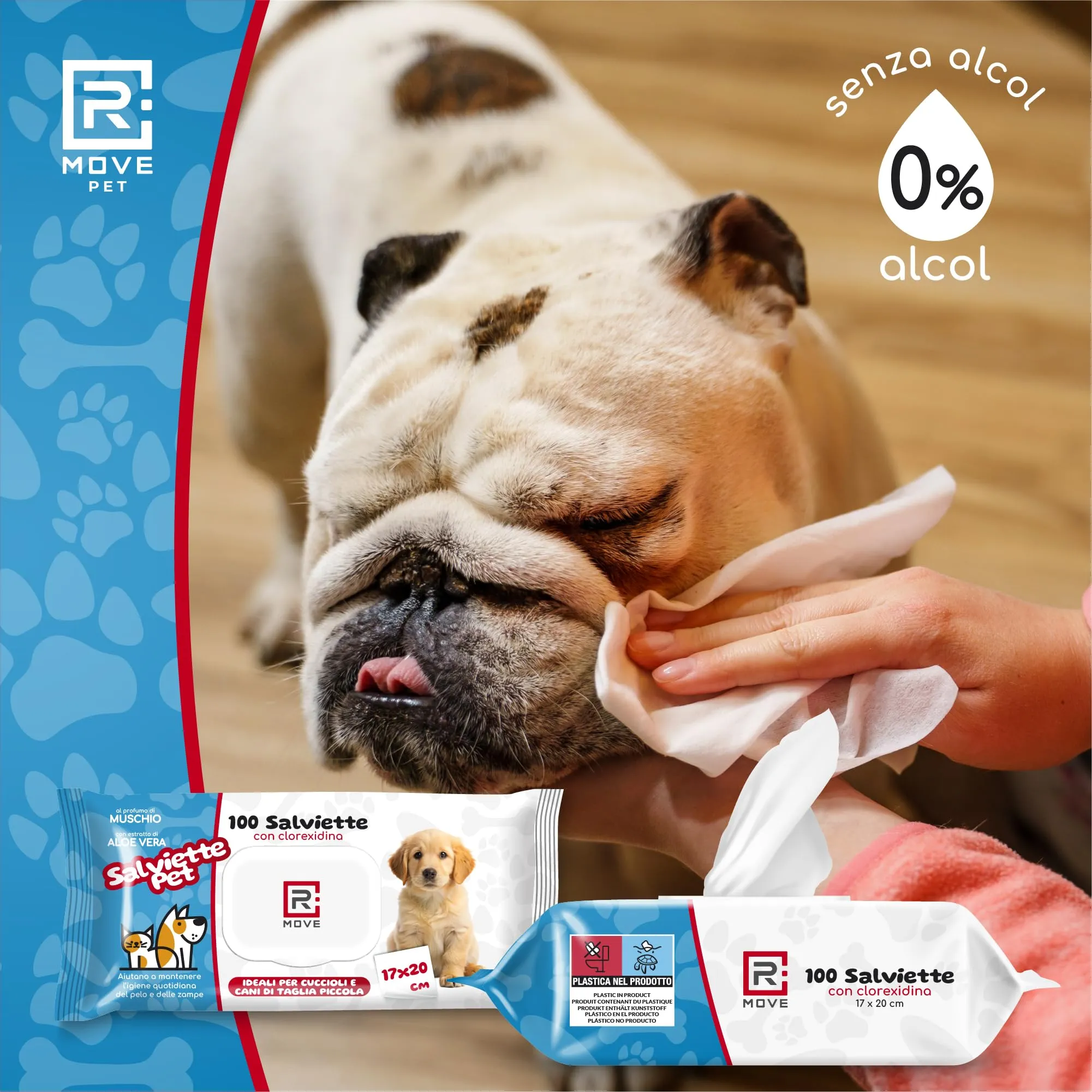 R MOVE 400 Salviette Igienizzanti per Cani e Gatti con Clorexidina e Aloe Vera, Fragranza Muschio, 17x20cm, 4 Confezioni da 100 salviette - immagine 6