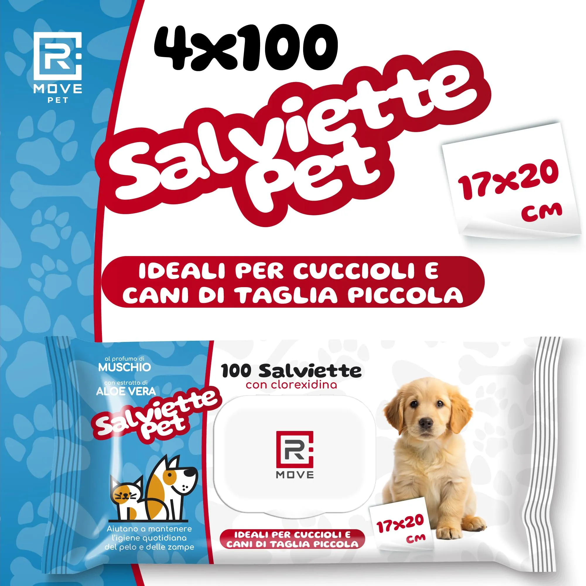 R MOVE 400 Salviette Igienizzanti per Cani e Gatti con Clorexidina e Aloe Vera, Fragranza Muschio, 17x20cm, 4 Confezioni da 100 salviette - immagine 7