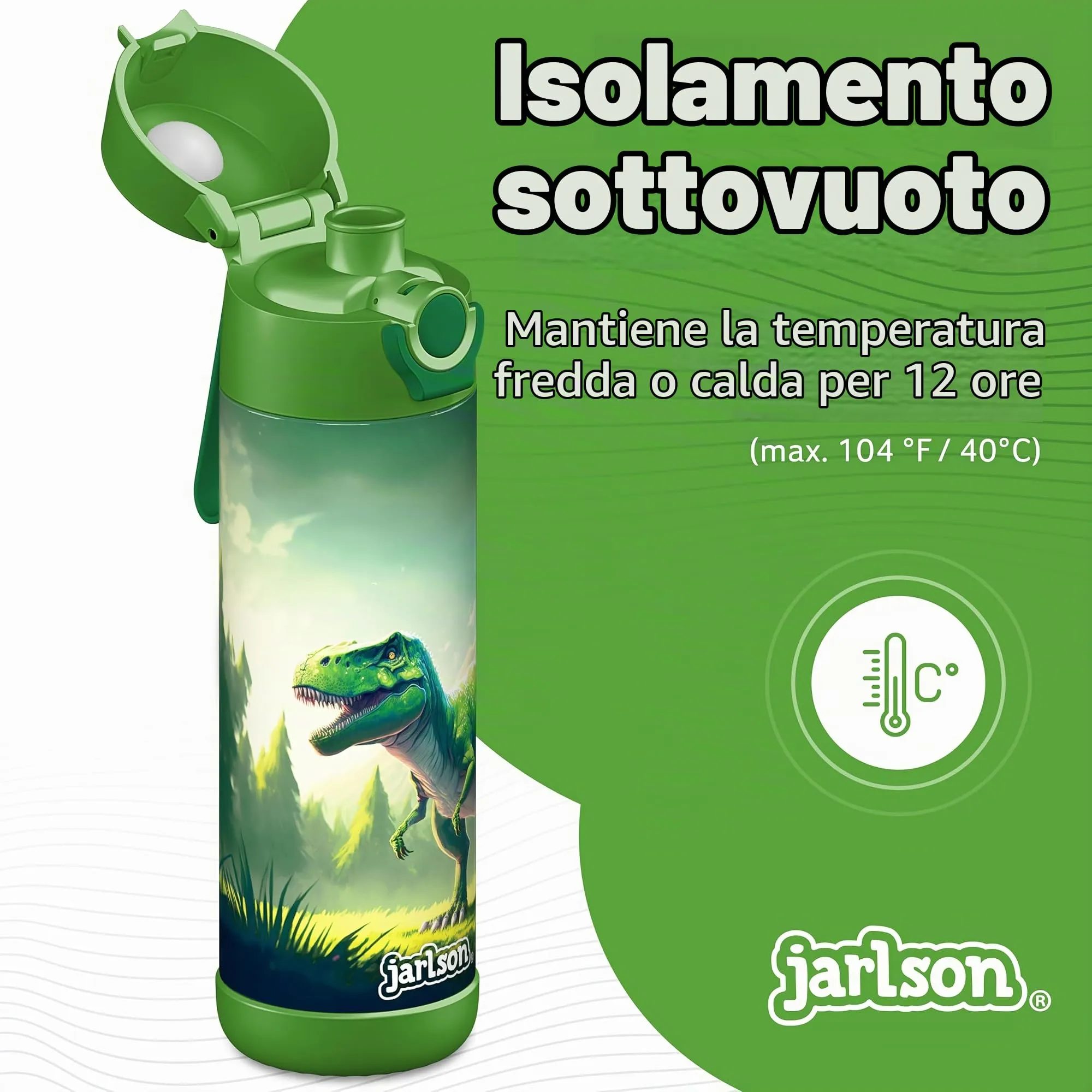 Jarlson Borraccia Termica Bambini Mali 500ml Acciaio Inox (Dinosauro) - immagine 2