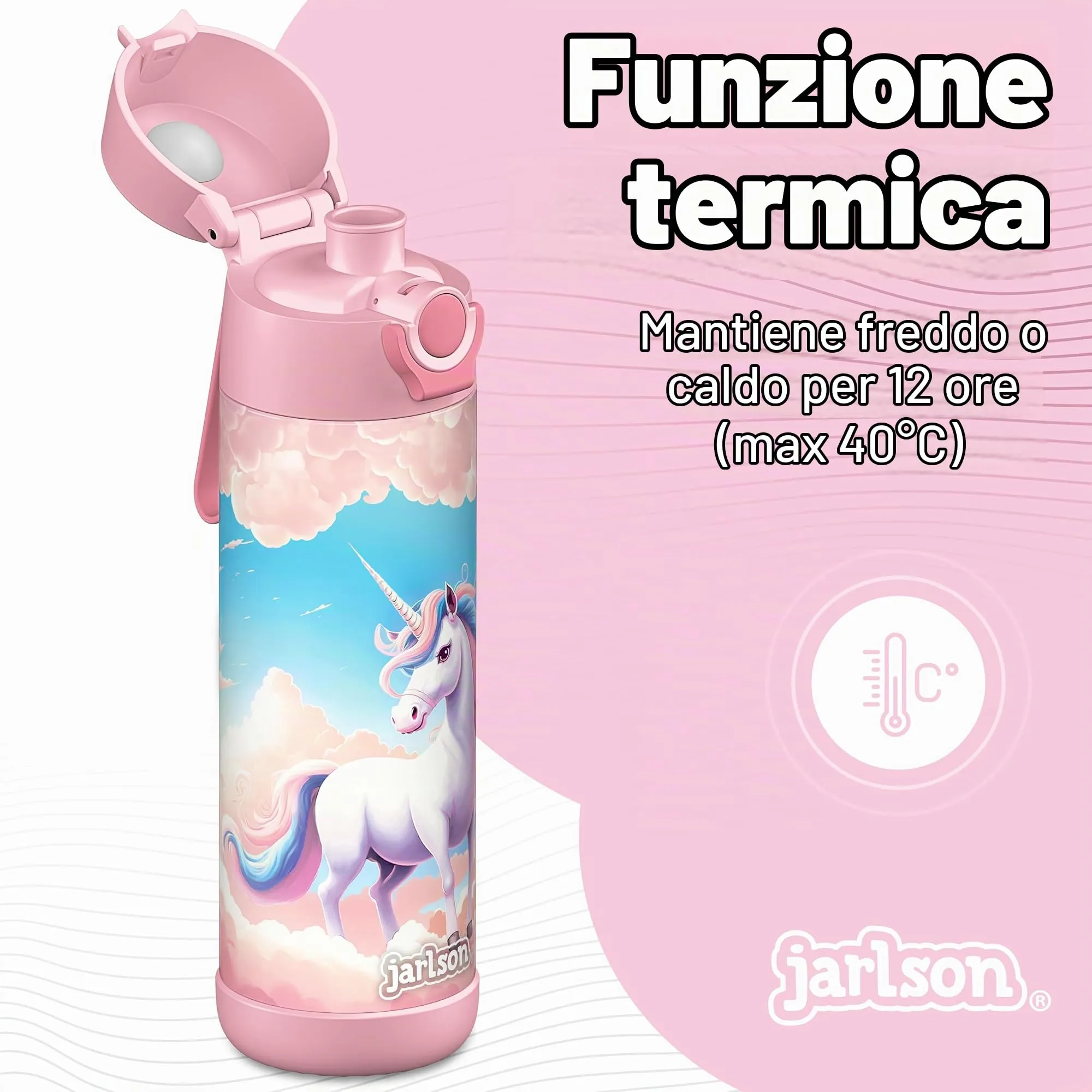 Jarlson Borraccia Termica Bambini Mali 500ml Acciaio Inox (Unicorno) - immagine 3