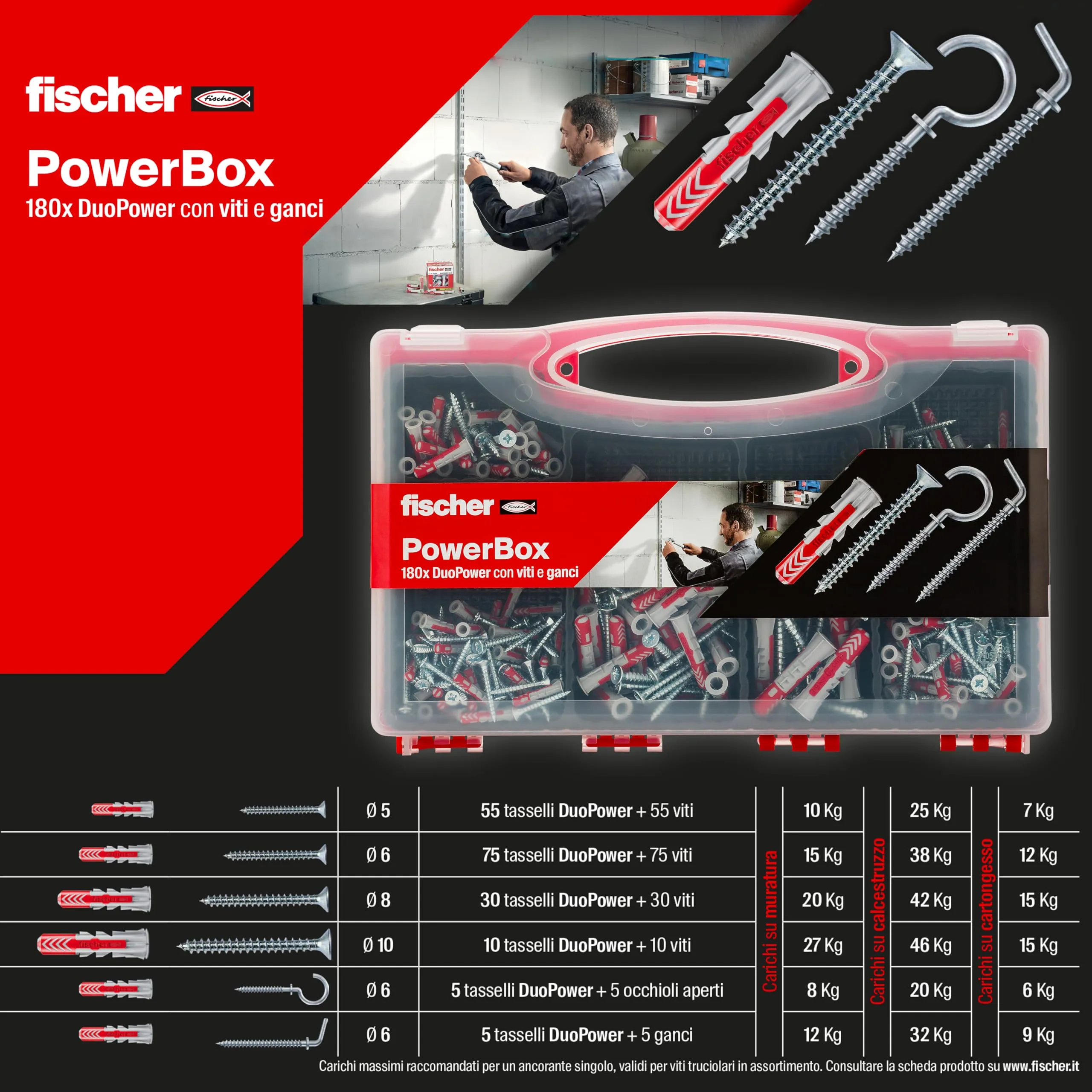 Fischer PowerBox 180 Tasselli DuoPower con Viti e Ganci, 360 Pz, 564282 - immagine 2