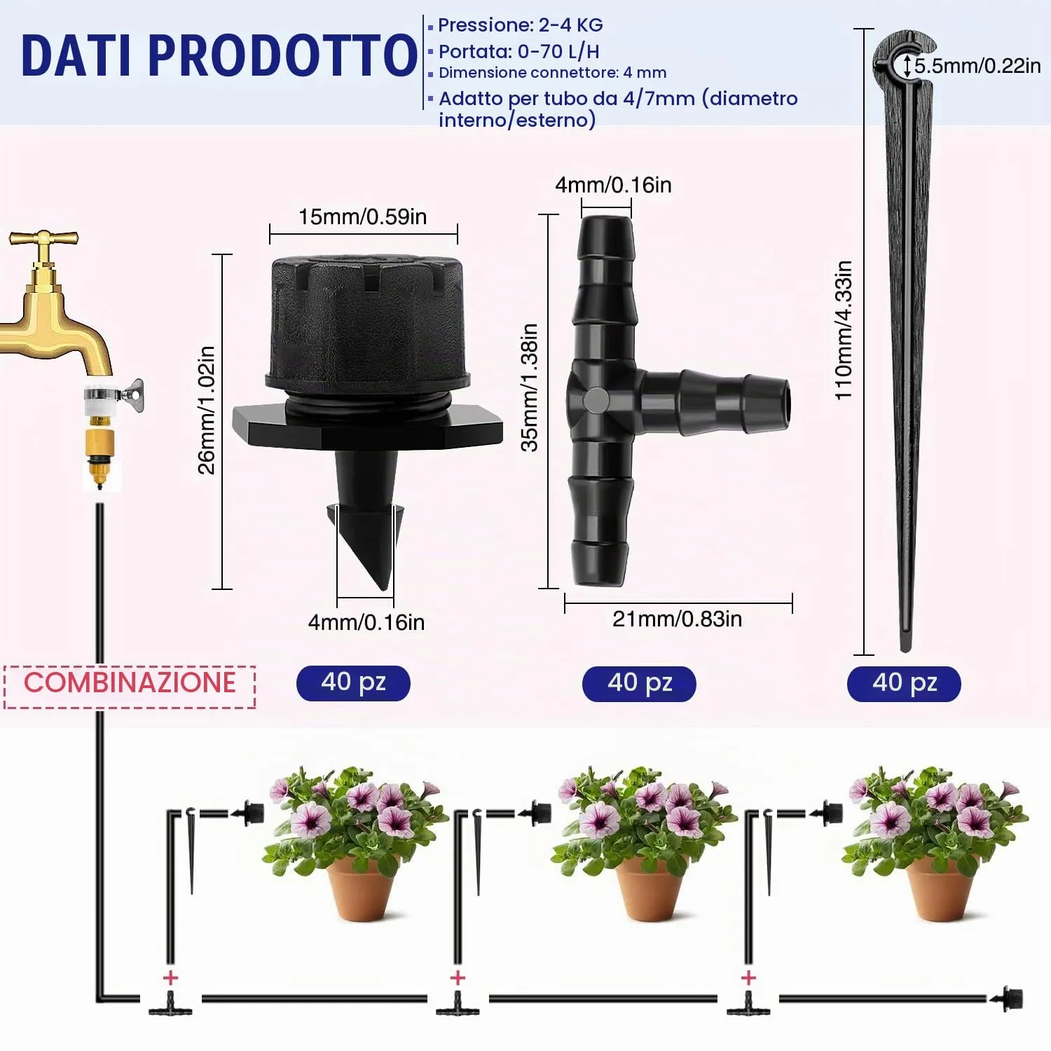 VooGenzek Kit Irrigazione a Goccia Automatico 120 Pezzi 4/7mm, 40 Gocciolatori Regolabili, 40 Connettori a T e 40 Staffe per Tubo, Nero - immagine 2