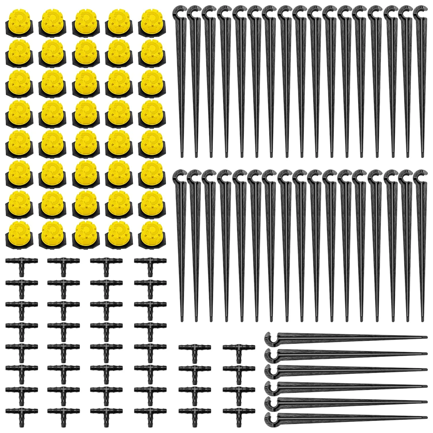 VooGenzek Kit Irrigazione a Goccia Automatico 120 Pezzi 4/7mm, 40 Gocciolatori Regolabili, 40 Connettori a T e 40 Staffe per Tubo, Giallo - immagine 1