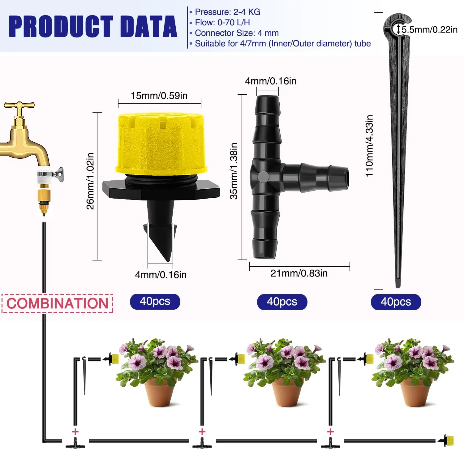 VooGenzek Kit Irrigazione a Goccia Automatico 120 Pezzi 4/7mm, 40 Gocciolatori Regolabili, 40 Connettori a T e 40 Staffe per Tubo, Giallo - immagine 2