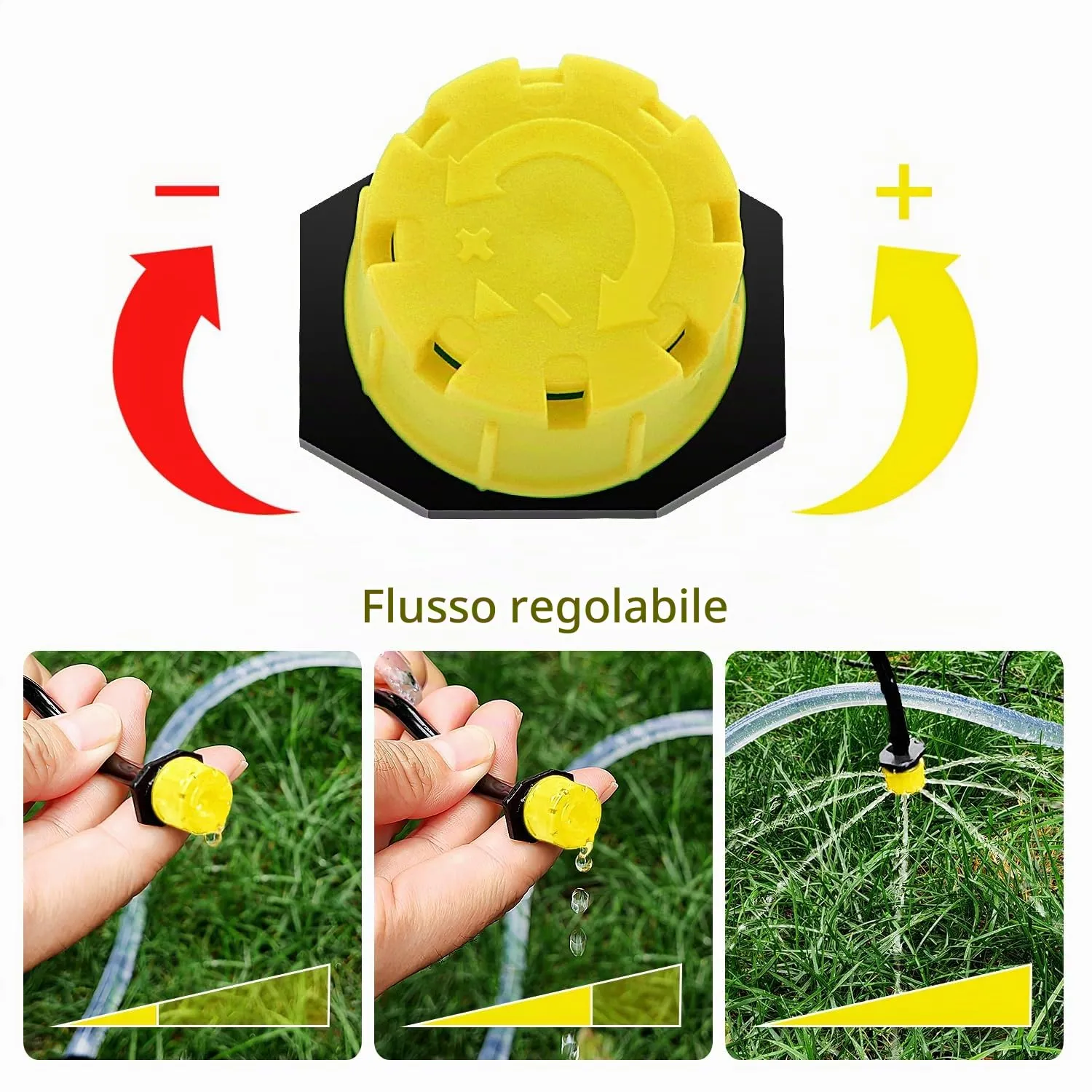 VooGenzek Kit Irrigazione a Goccia Automatico 120 Pezzi 4/7mm, 40 Gocciolatori Regolabili, 40 Connettori a T e 40 Staffe per Tubo, Giallo - immagine 3