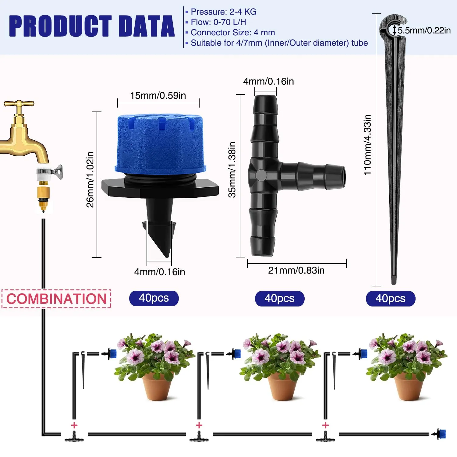 VooGenzek Kit Irrigazione a Goccia Automatico 120 Pezzi per Tubo 4/7mm, 40 Gocciolatori Regolabili, 40 Connettori a T e 40 Staffe, Blu - immagine 2