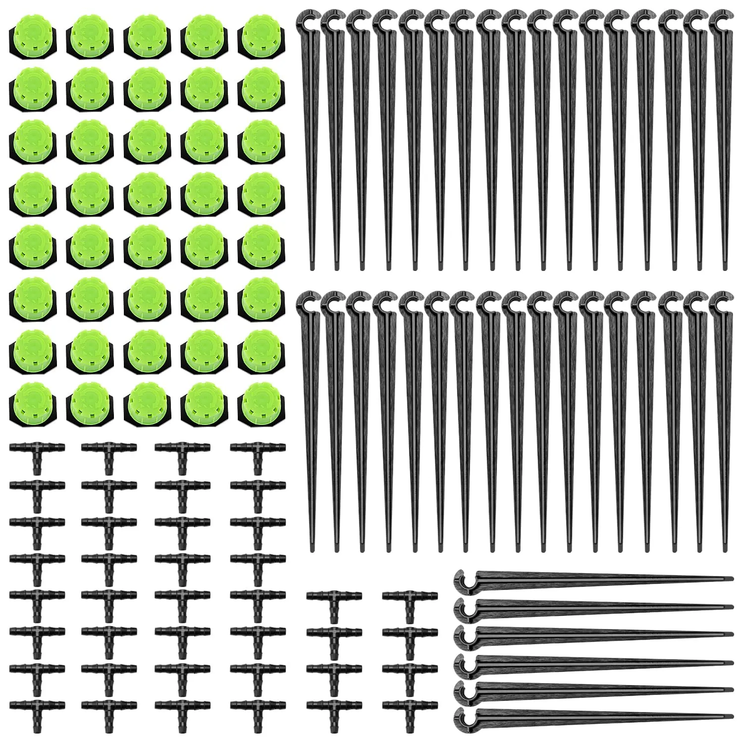 VooGenzek Kit Irrigazione a Goccia Automatico 120 Pezzi 4/7mm con 40 Gocciolatori Regolabili, 40 Connettori a T e 40 Staffe per Tubo - immagine 1