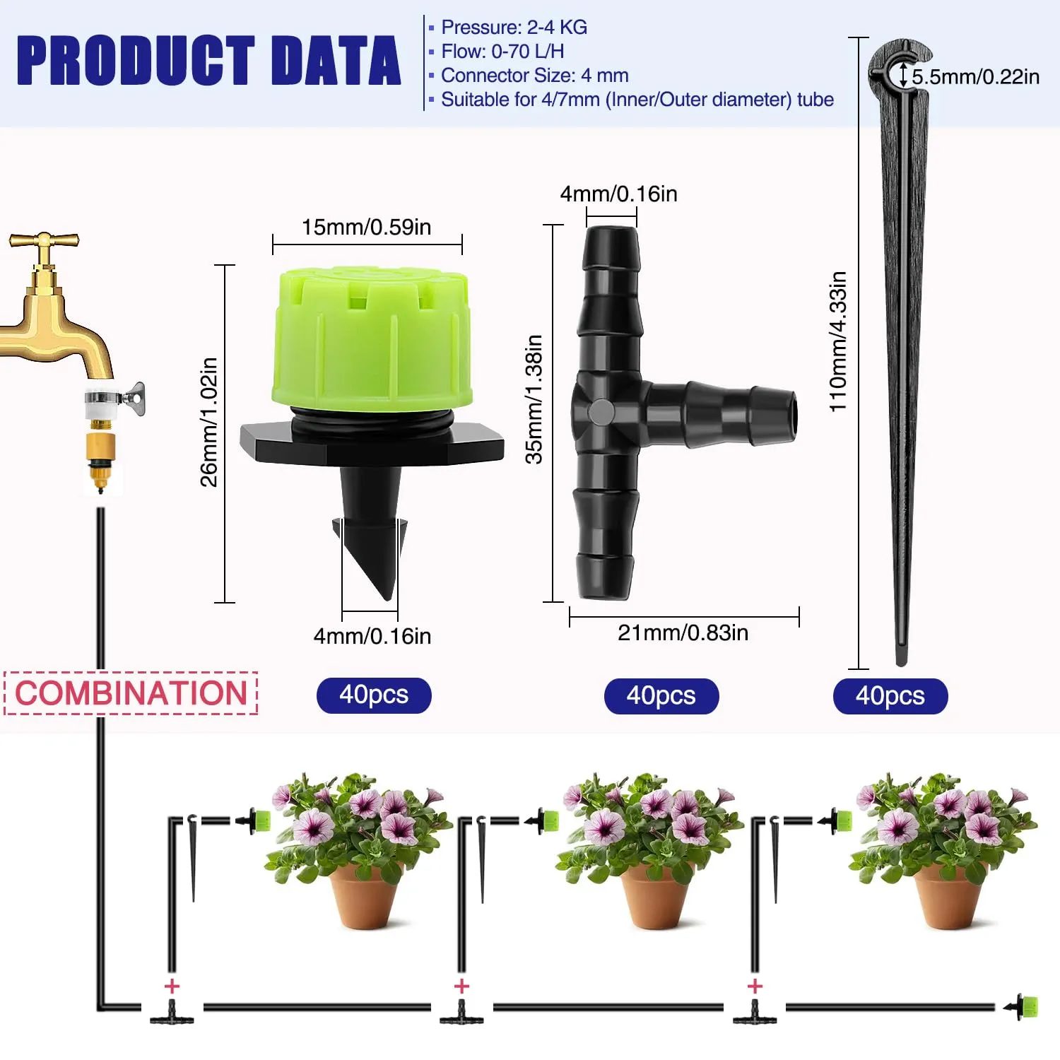 VooGenzek Kit Irrigazione a Goccia Automatico 120 Pezzi 4/7mm con 40 Gocciolatori Regolabili, 40 Connettori a T e 40 Staffe per Tubo - immagine 2