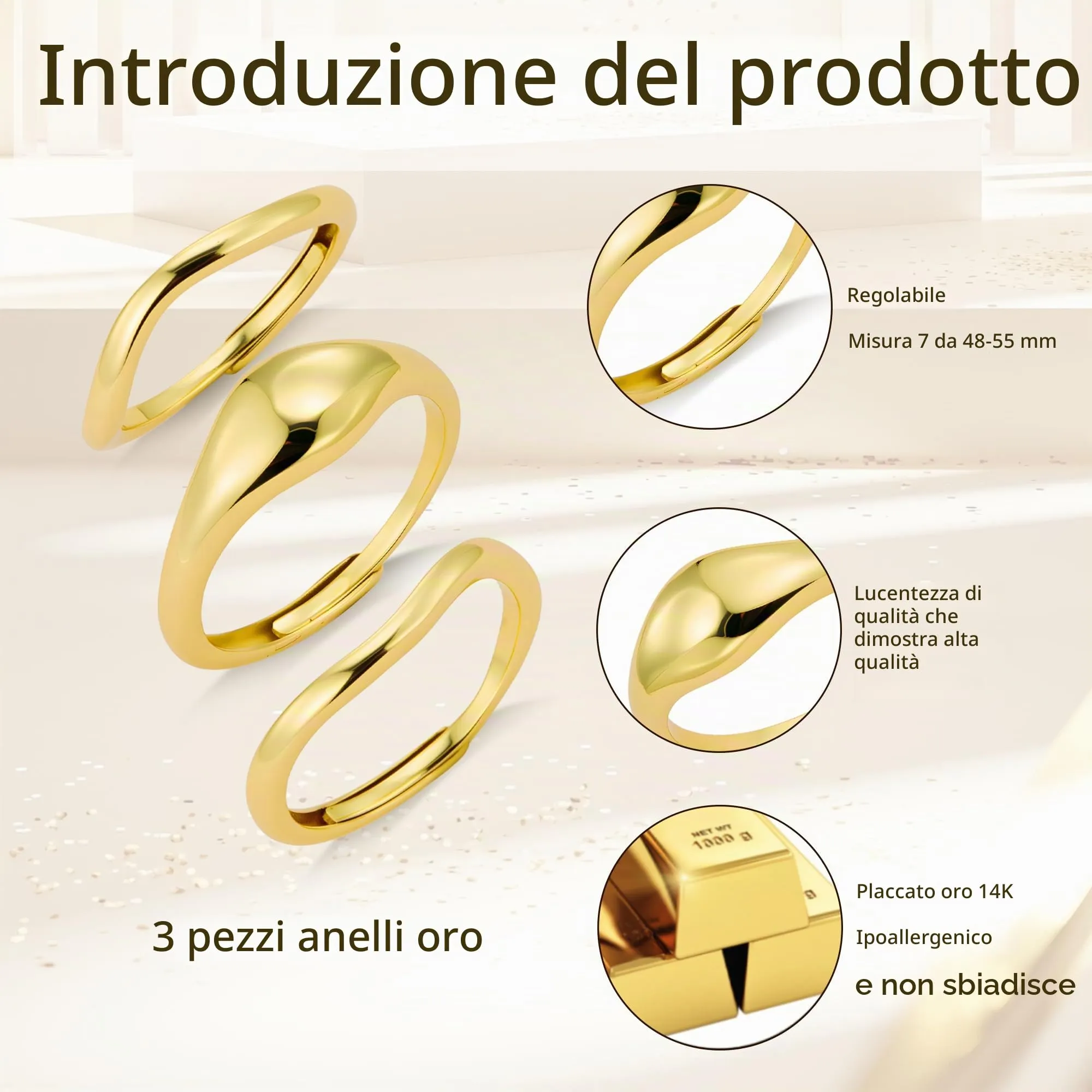 ALEXCRAFT Set 3 Anelli Donna Oro Chunky Regolabili in Acciaio - immagine 6
