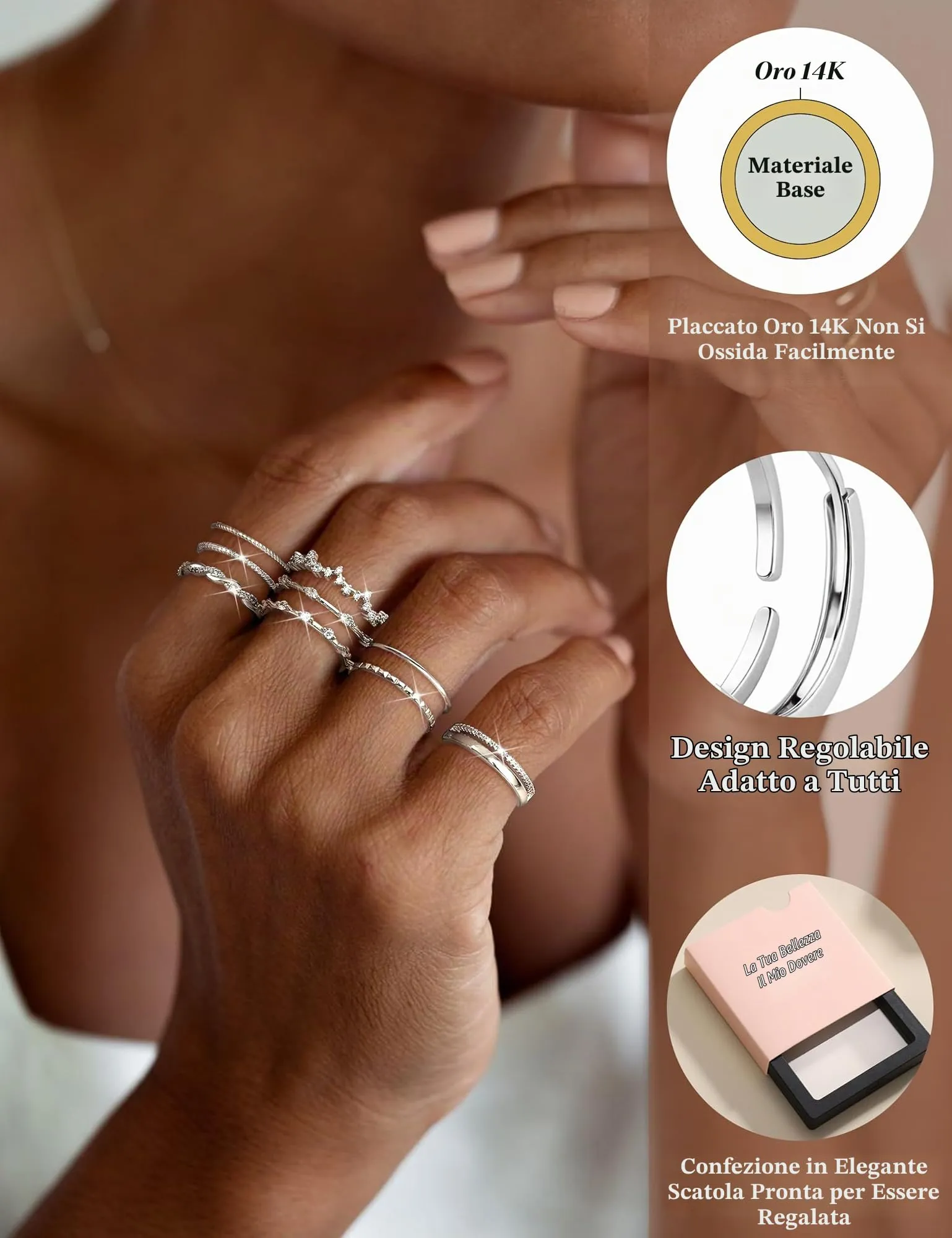 LOLIAS Set di 9 Anelli Donna in Argento 925 e Acciaio Inossidabile - immagine 3