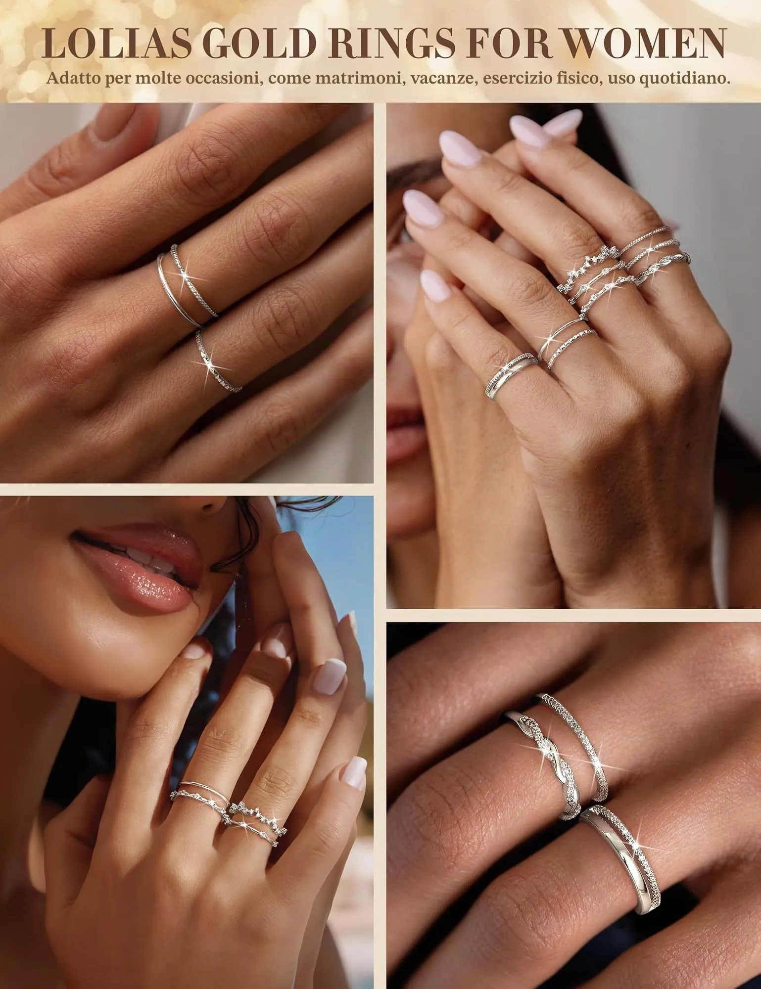 LOLIAS Set di 9 Anelli Donna in Argento 925 e Acciaio Inossidabile - immagine 4