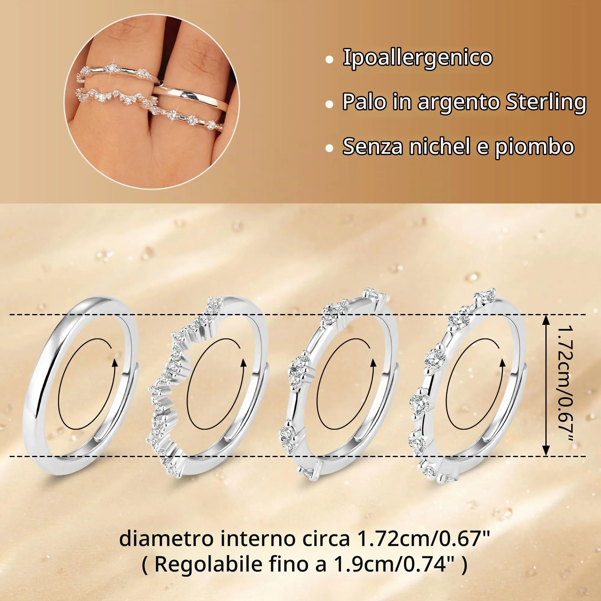 ALEXCRAFT Set Anelli Donna in Acciaio Inossidabile Argento Regolabili, 4 Pezzi - immagine 6