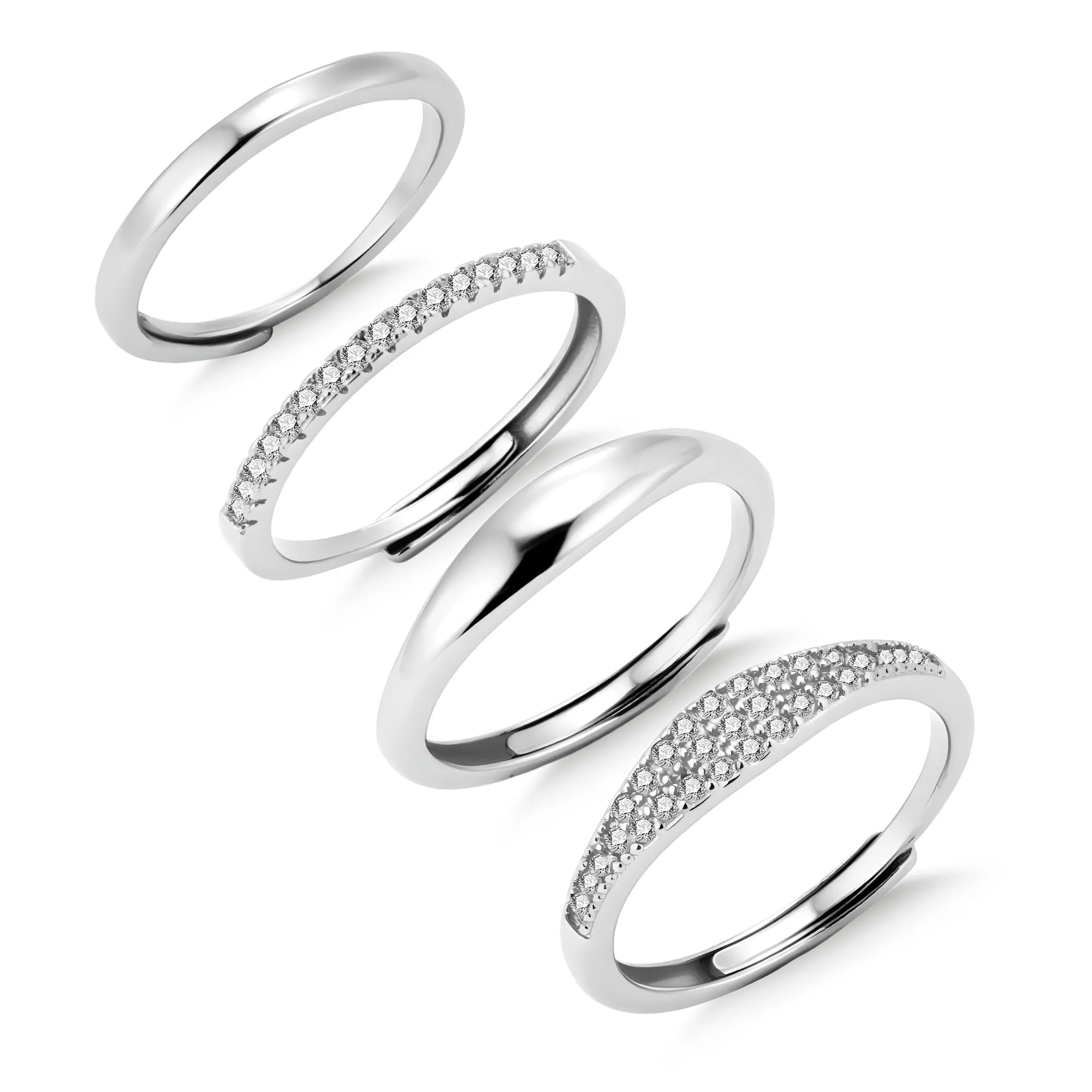 ALEXCRAFT Set 4 Anelli Donna in Acciaio Argento Regolabili con Zirconi - immagine 1