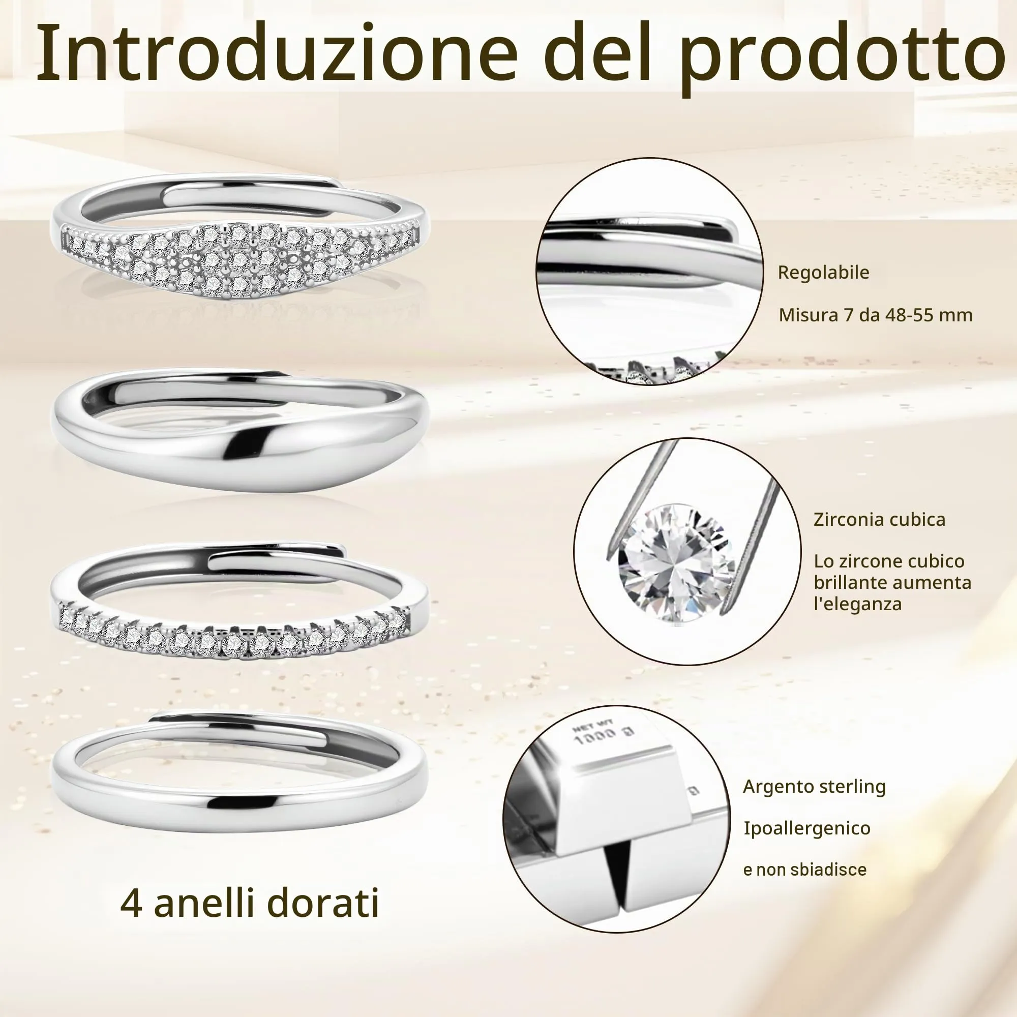 ALEXCRAFT Set 4 Anelli Donna in Acciaio Argento Regolabili con Zirconi - immagine 6