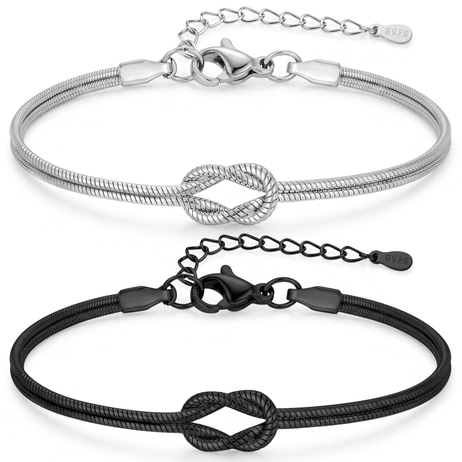 Ahokei Bracciale Amicizia Nodo in Argento S925 Regolabile, Argento e Nero - immagine 1