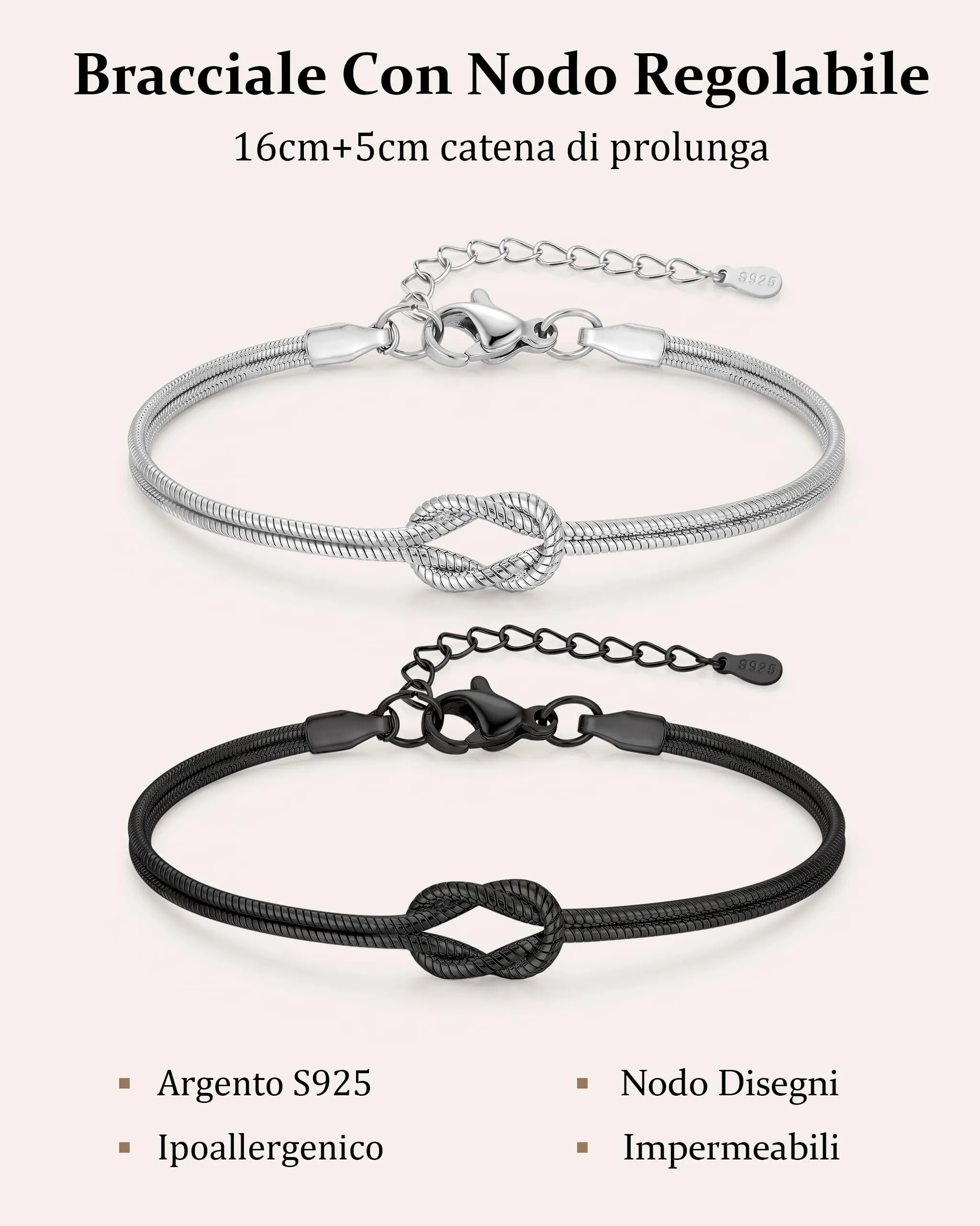 Ahokei Bracciale Amicizia Nodo in Argento S925 Regolabile, Argento e Nero - immagine 6