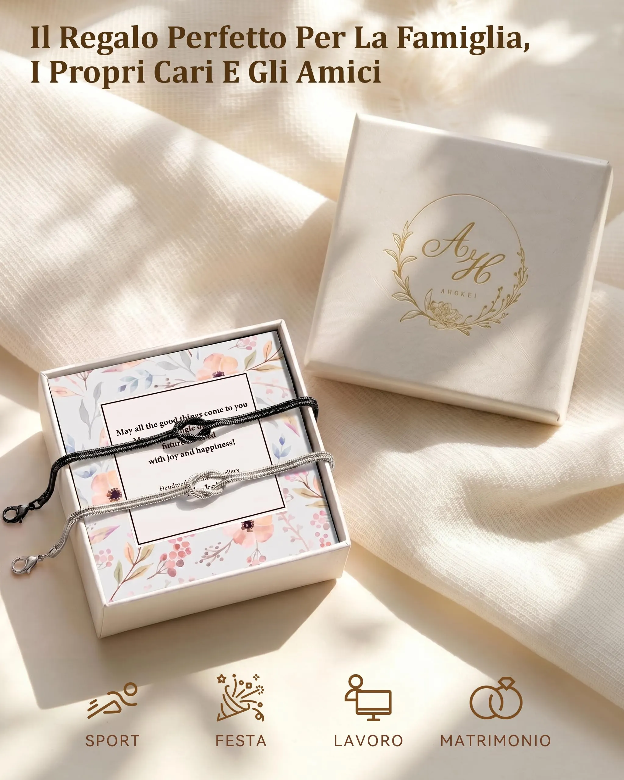 Ahokei Bracciale Amicizia Nodo in Argento S925 Regolabile, Argento e Nero - immagine 7