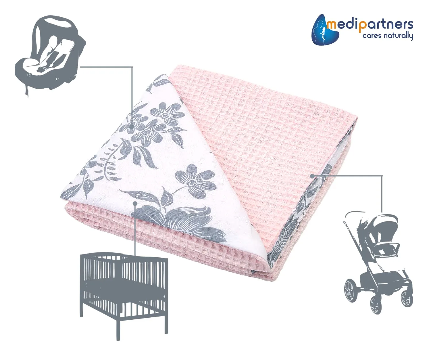 Medi Partners Coperta per Neonato in Cotone Waffle, 75x100cm, Berry con Ros - immagine 5