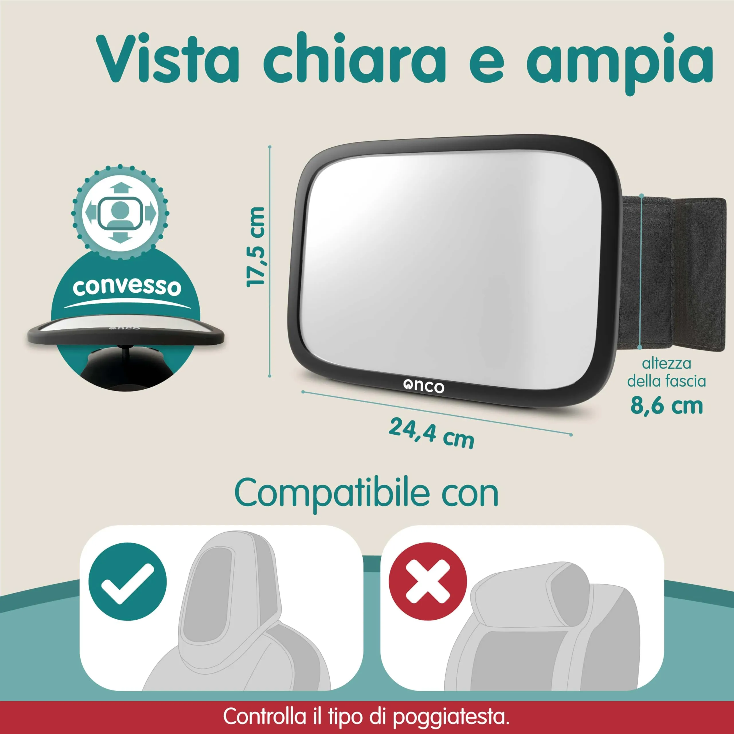 Onco Specchio Auto Neonato per Poggiatesta Fisso, Compatibile Tesla - immagine 4